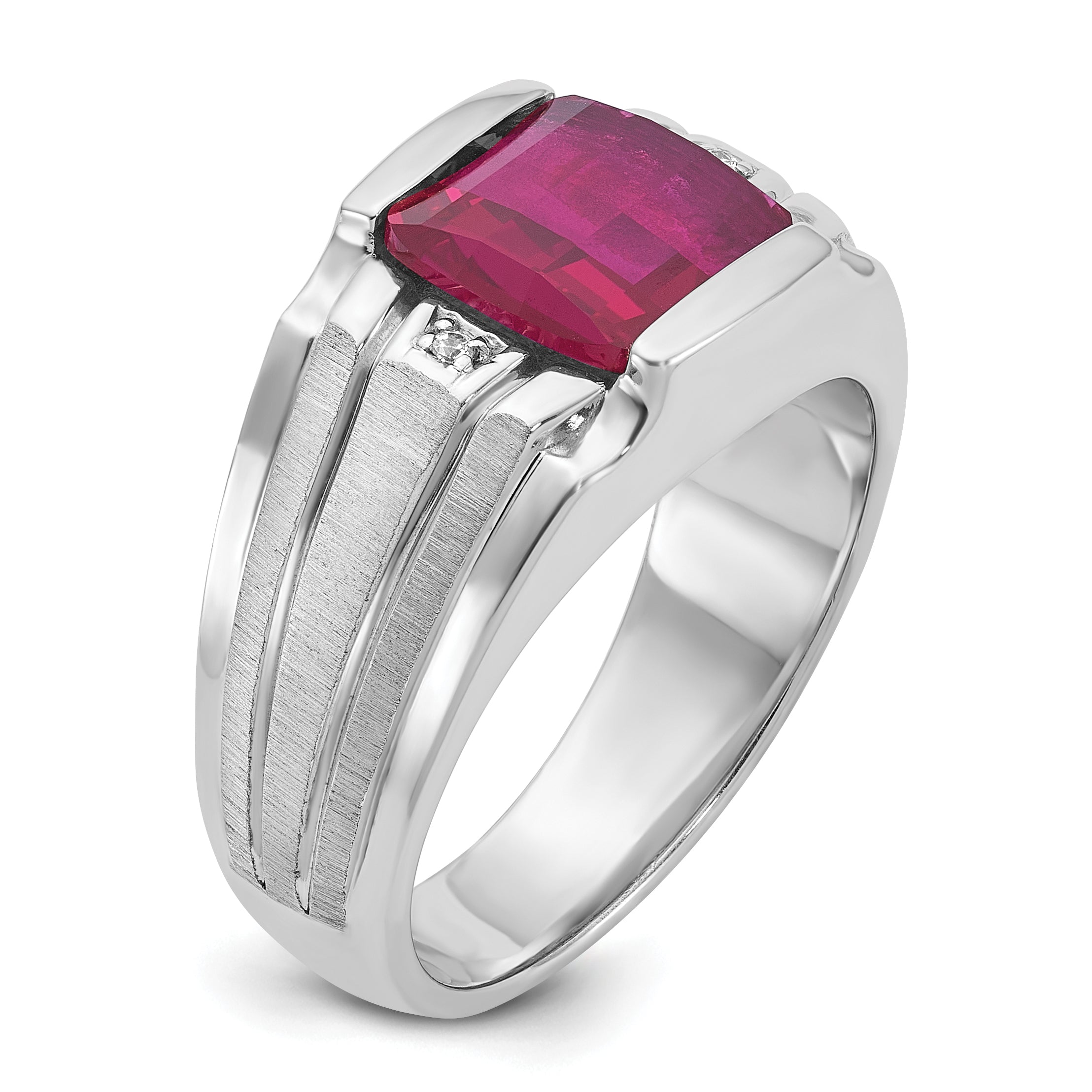 14k White Gold Mens Satin Barrel Lab Created Ruby and Diamond Complete Ring - Sophia Jewelers