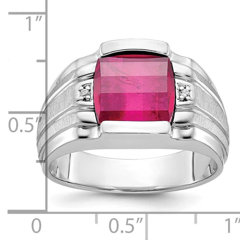 14k White Gold Mens Satin Barrel Lab Created Ruby and Diamond Complete Ring - Sophia Jewelers