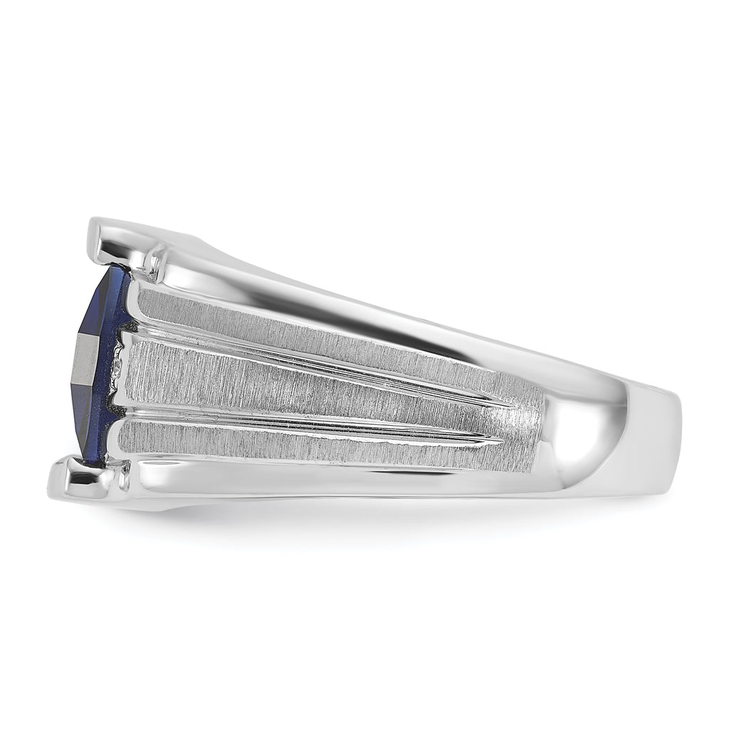 14k White Gold Men's Satin Created Sapphire and Diamond Complete Ring
