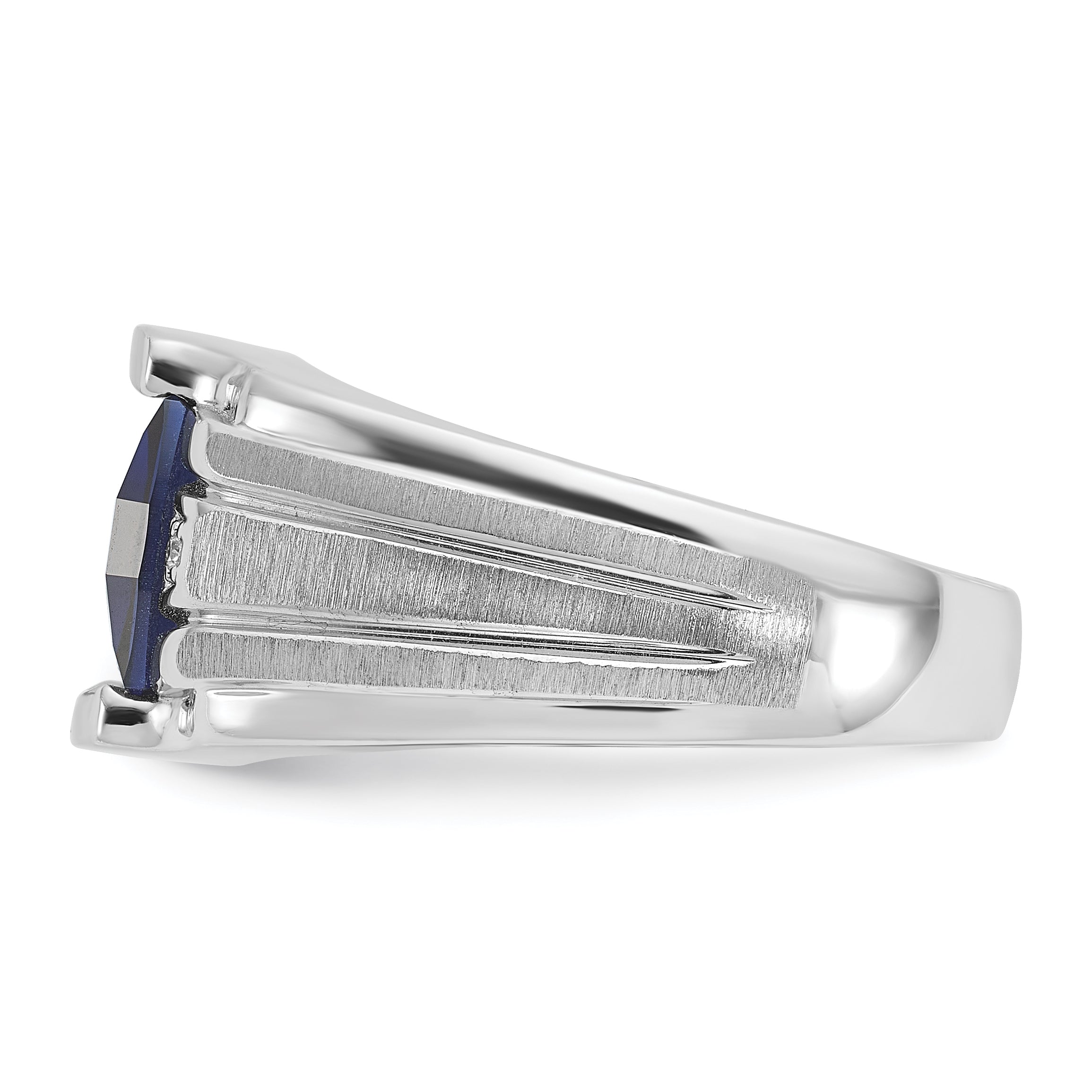 14k White Gold Men's Satin Created Sapphire and Diamond Complete Ring