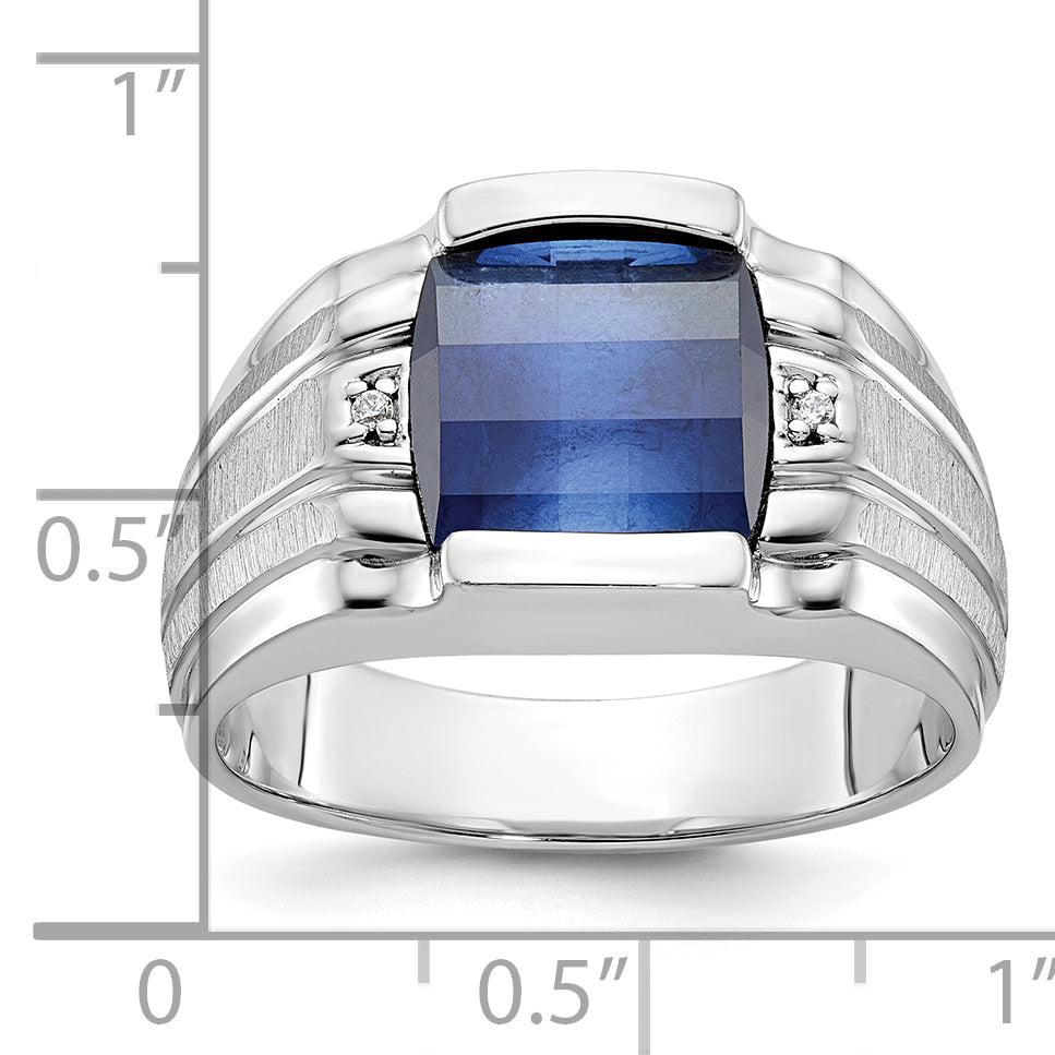 14k White Gold Men's Satin Created Sapphire and Diamond Complete Ring