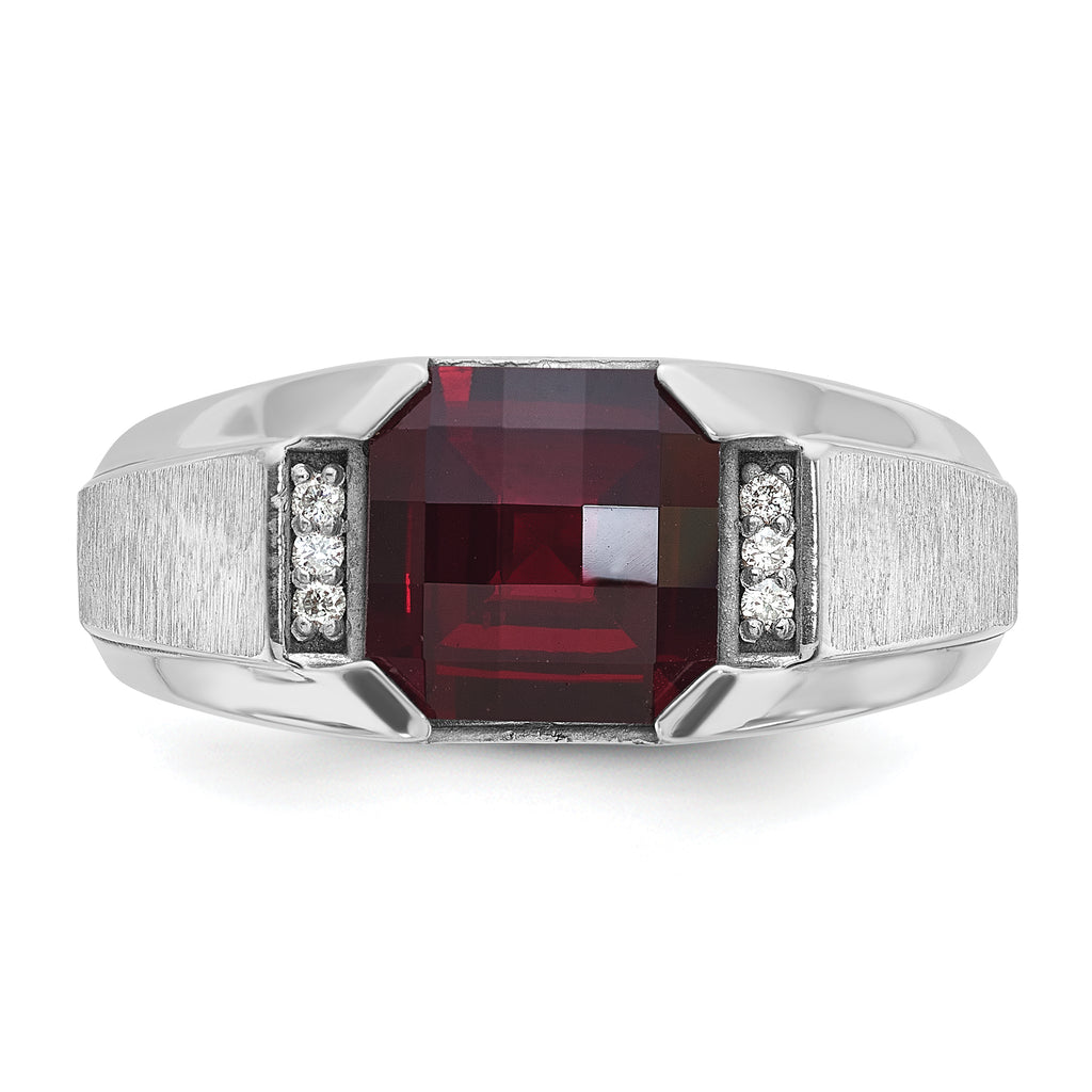 14k White Gold Mens Cushion Lab Created Garnet and 1/20 carat Diamond Complete Ring - Sophia Jewelers