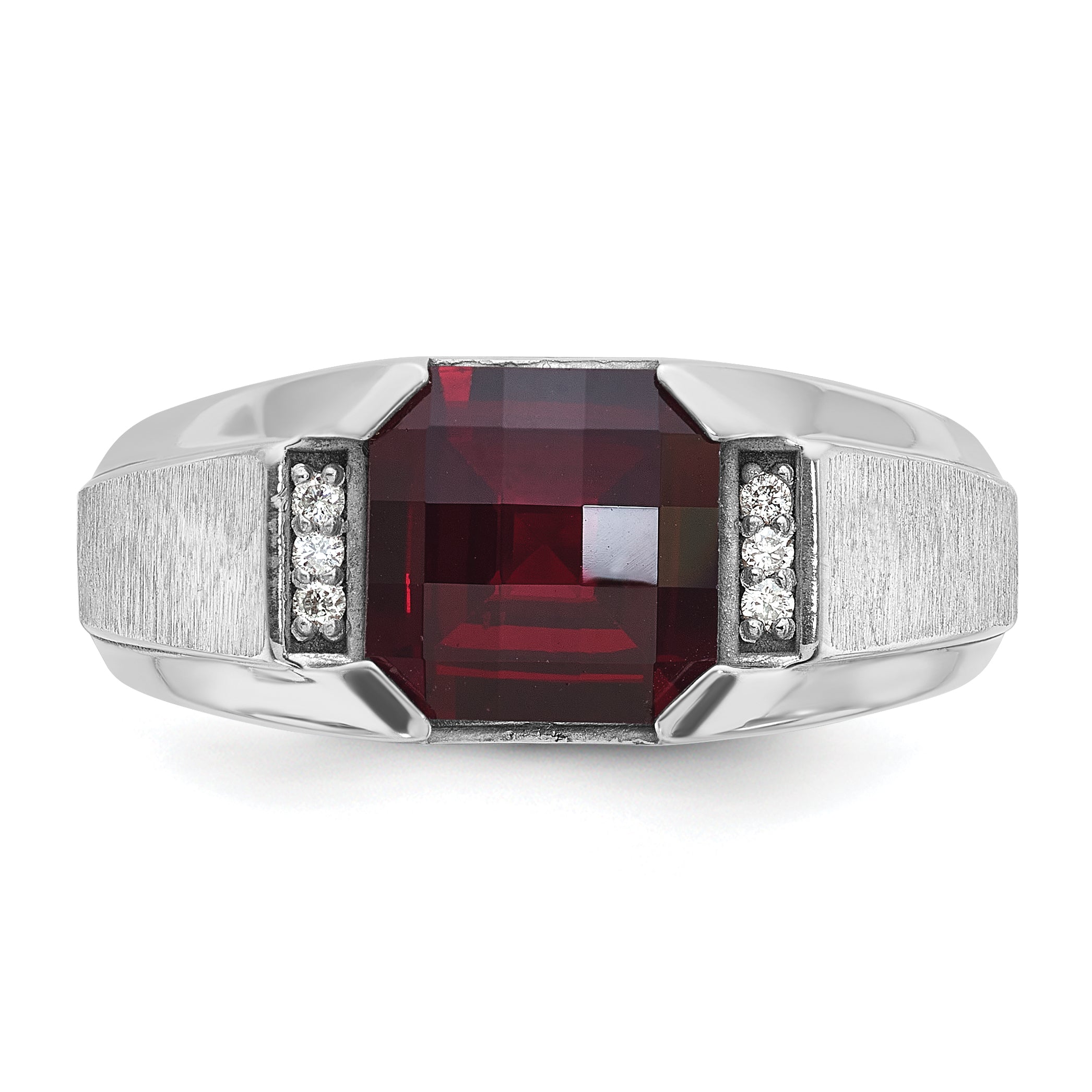 14k White Gold Mens Cushion Lab Created Garnet and 1/20 carat Diamond Complete Ring - Sophia Jewelers