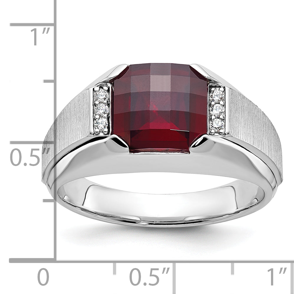 14k White Gold Mens Cushion Lab Created Garnet and 1/20 carat Diamond Complete Ring - Sophia Jewelers