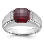 14k White Gold Mens Cushion Lab Created Garnet and 1/20 carat Diamond Complete Ring - Sophia Jewelers