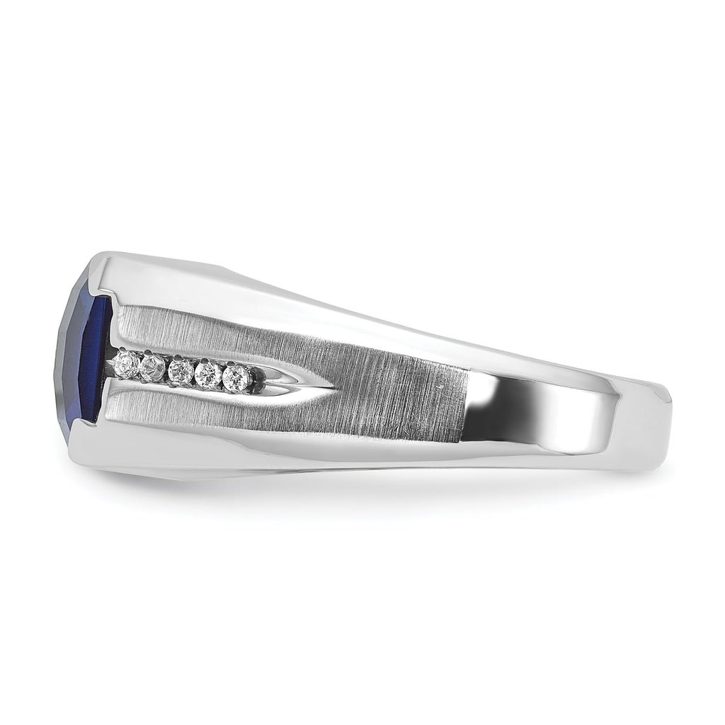14k White Gold Mens Cushion Lab Created Sapphire and 1/20 carat Diamond Complete Ring - Sophia Jewelers
