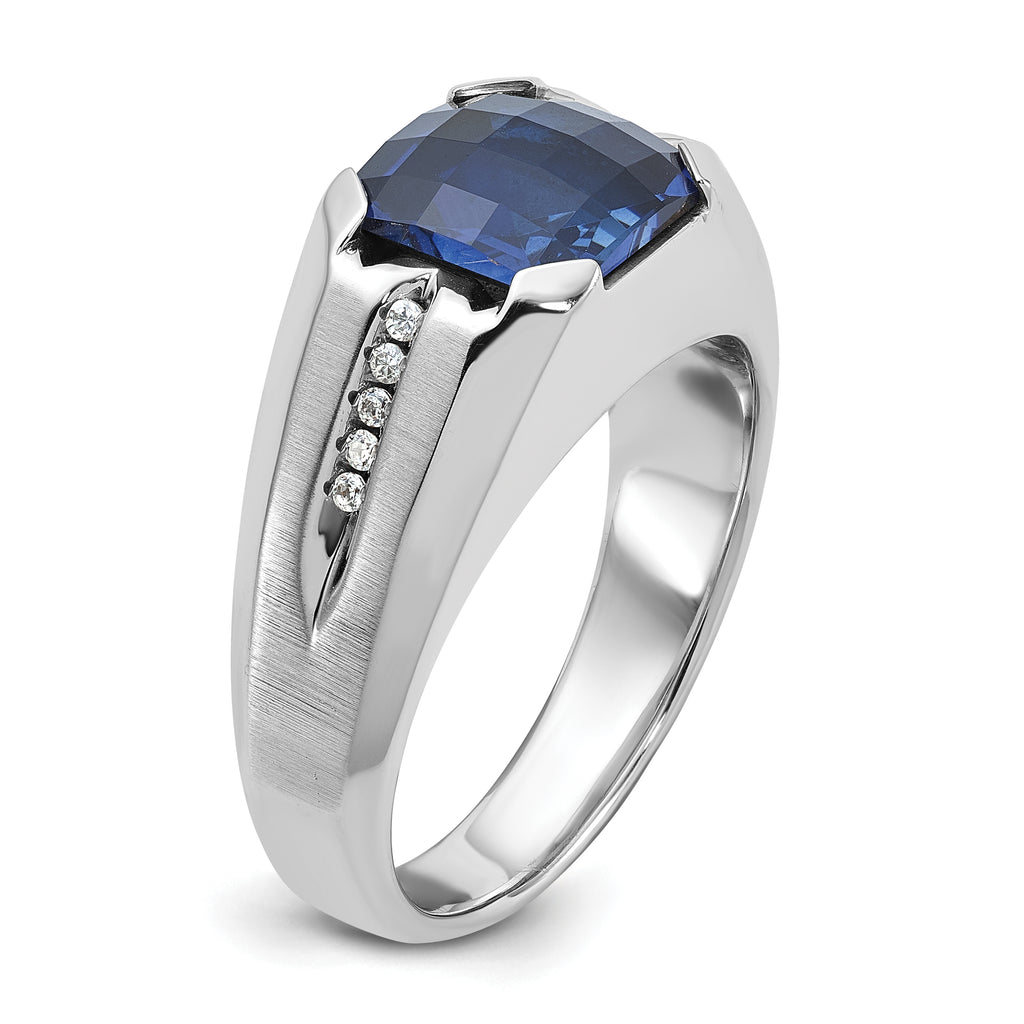 14k White Gold Mens Cushion Lab Created Sapphire and 1/20 carat Diamond Complete Ring - Sophia Jewelers