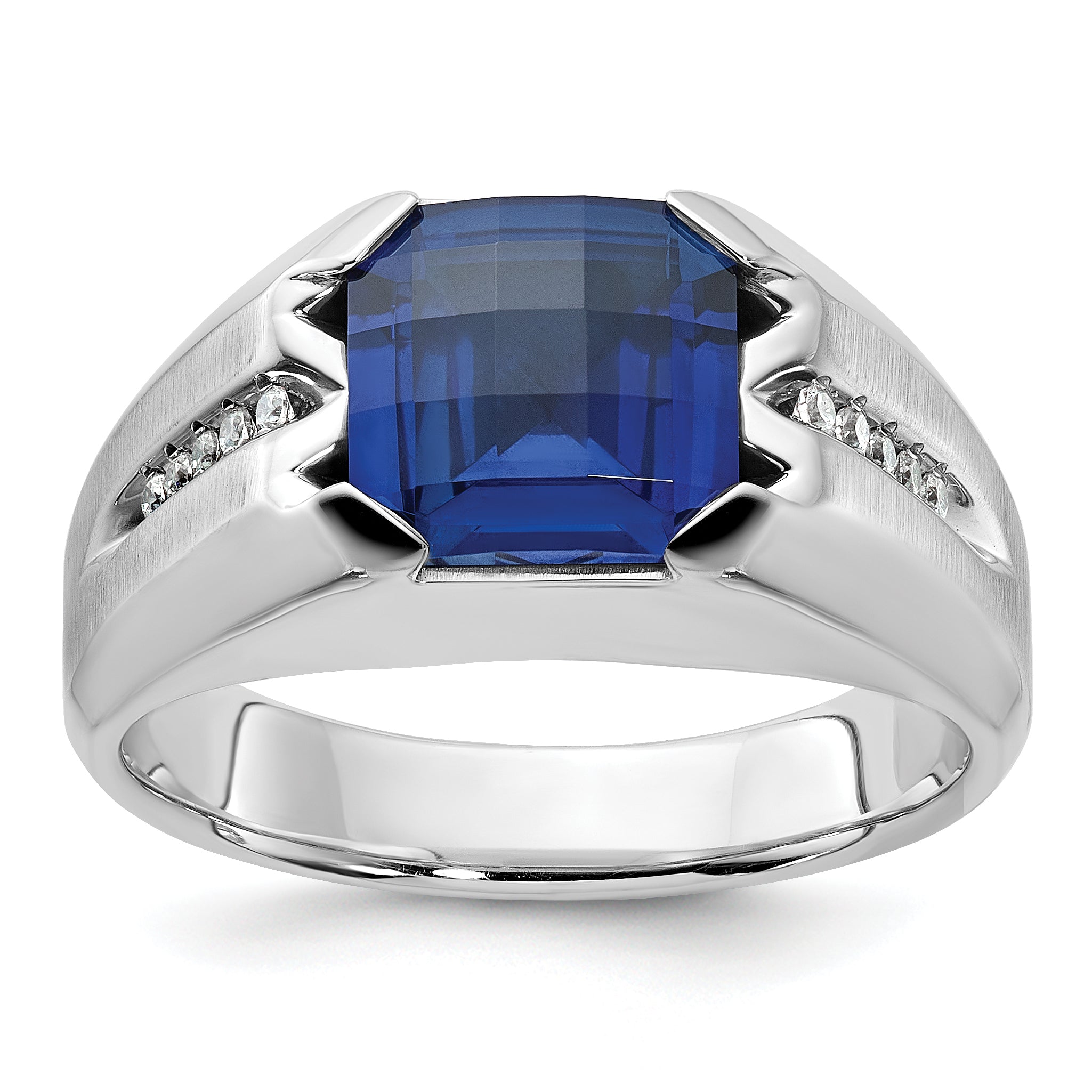 14k White Gold Mens Cushion Lab Created Sapphire and 1/20 carat Diamond Complete Ring - Sophia Jewelers Main image