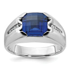 14k White Gold Mens Cushion Lab Created Sapphire and 1/20 carat Diamond Complete Ring - Sophia Jewelers
