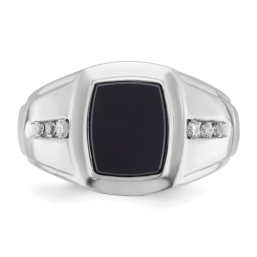 14k White Gold Mens Cushion Onyx and 1/8 carat Diamond Complete Ring - Sophia Jewelers