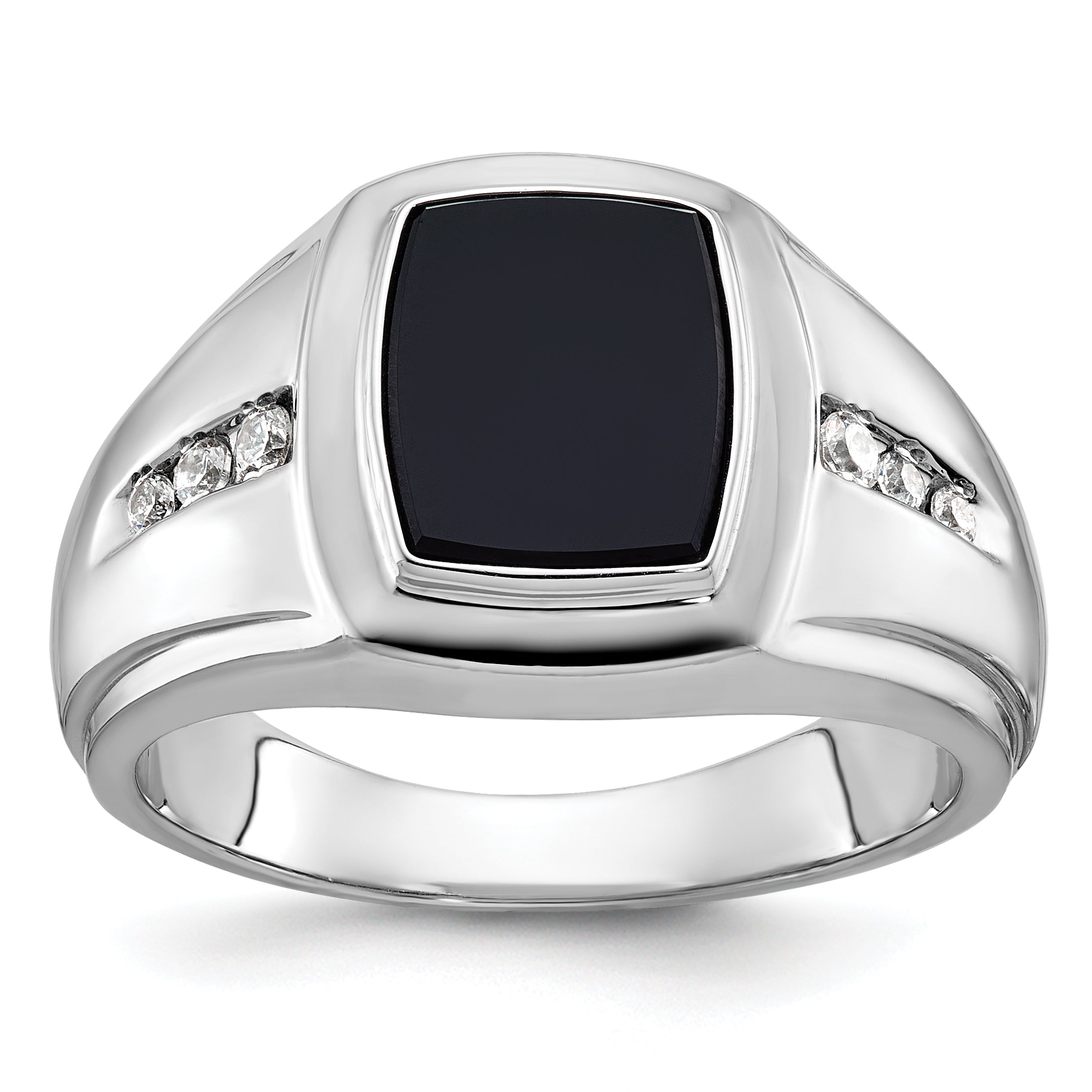 14k White Gold Mens Cushion Onyx and 1/8 carat Diamond Complete Ring - Sophia Jewelers