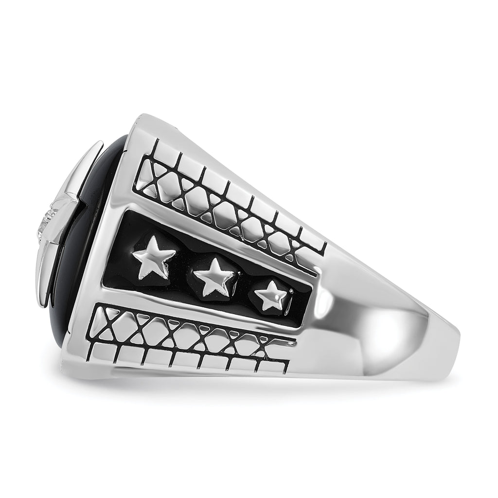 14k White Gold Mens Antiqued Cushion Onyx and 1/20 carat Diamond Complete Star Ring - Sophia Jewelers