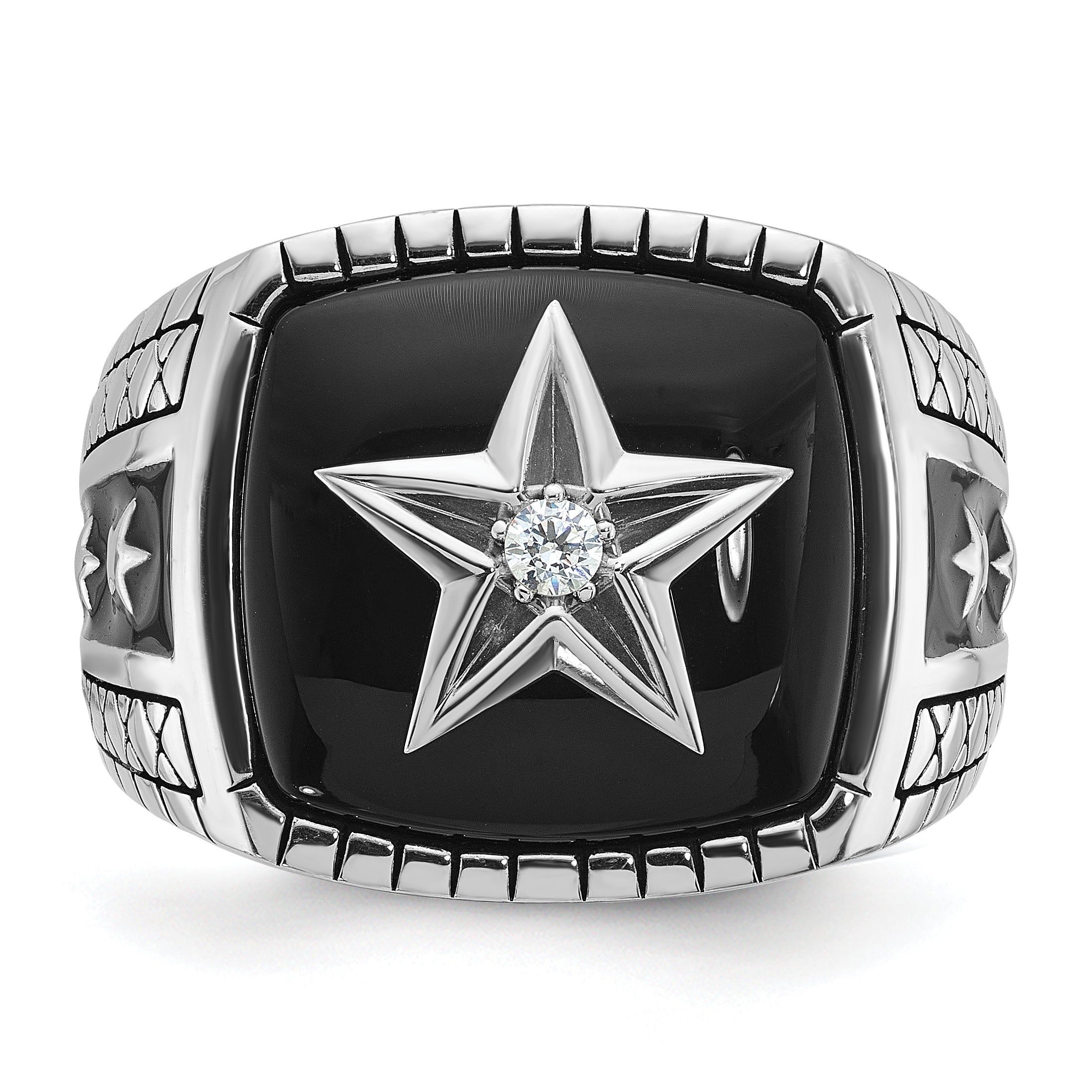 14k White Gold Mens Antiqued Cushion Onyx and 1/20 carat Diamond Complete Star Ring - Sophia Jewelers