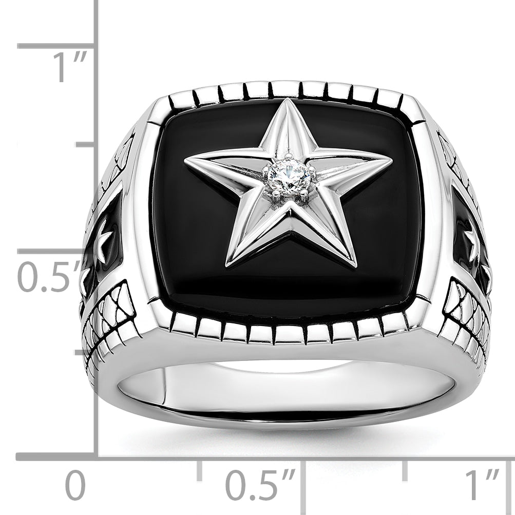 14k White Gold Mens Antiqued Cushion Onyx and 1/20 carat Diamond Complete Star Ring Secondary image