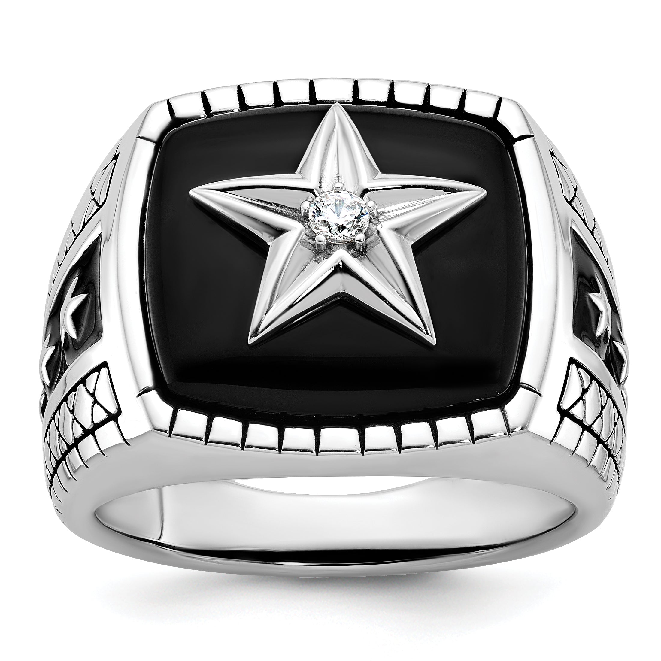 14k White Gold Mens Cushion Onyx and Diamond Star Ring Mounting, Mounting Only - Sophia Jewelers Main image