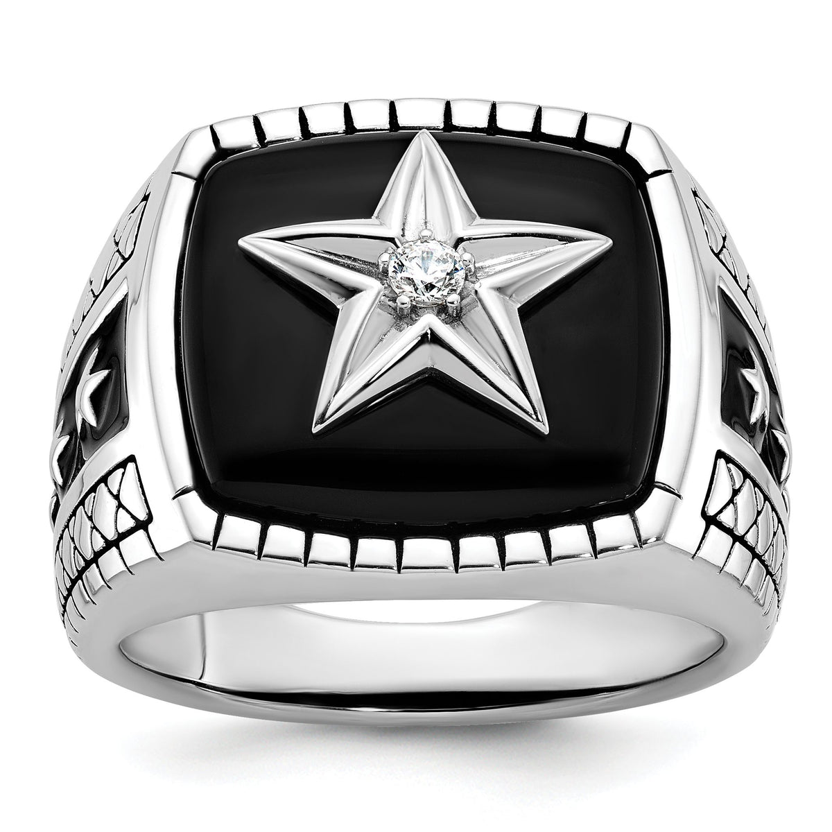 Men's Cushion Onyx & Diamond Star Ring in 14K White Gold (1/20 ct. tw.), Size 10 - Sophia Jewelers Main image