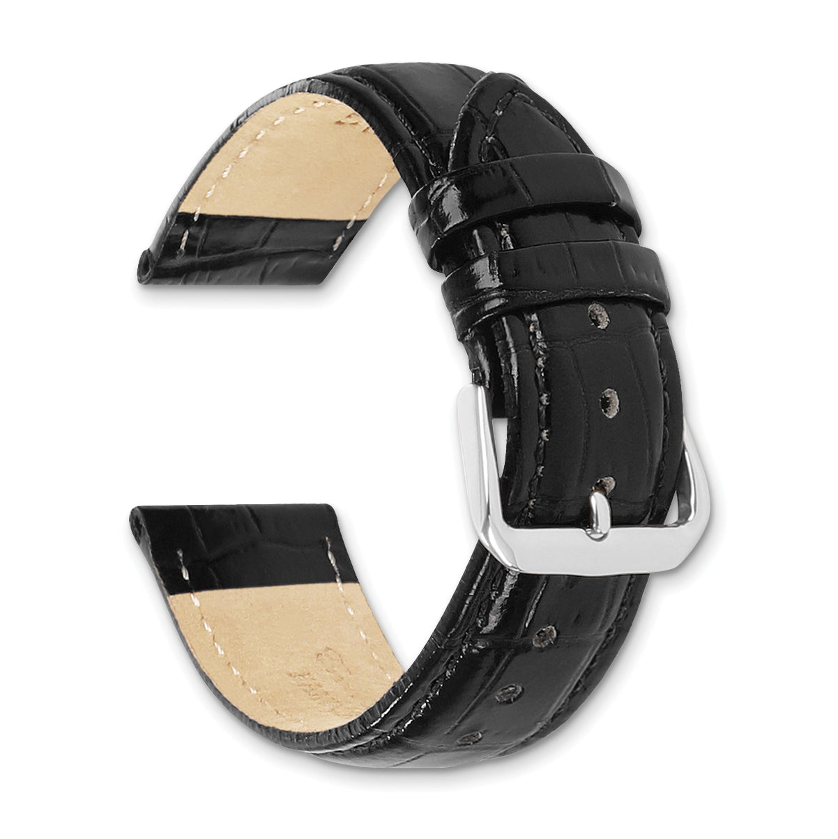 16mm Long Black Crocodile Grain Chronograph Leather with Silver-tone Buckle 8.5 inch Watch Band