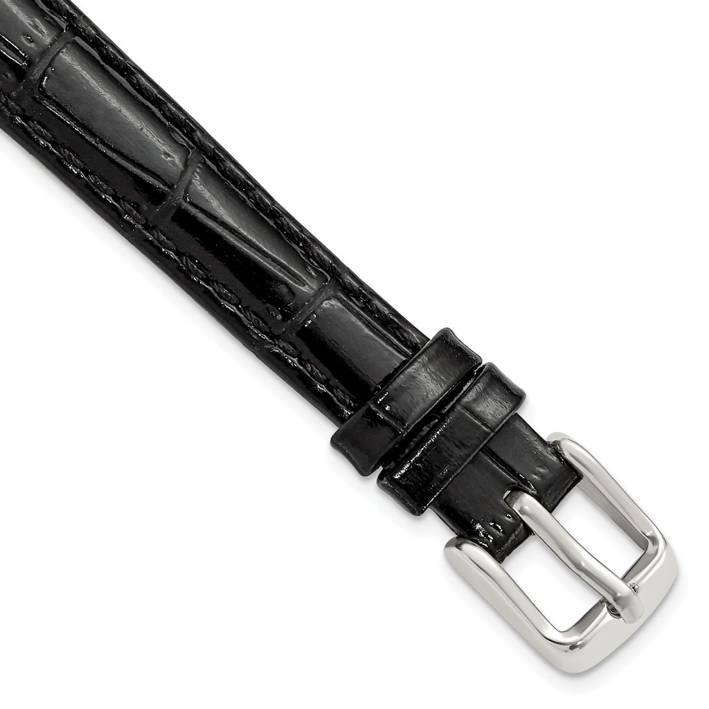 12mm Black Crocodile Grain Chronograph Leather with Silver-tone Buckle 6.75 inch Watch Band