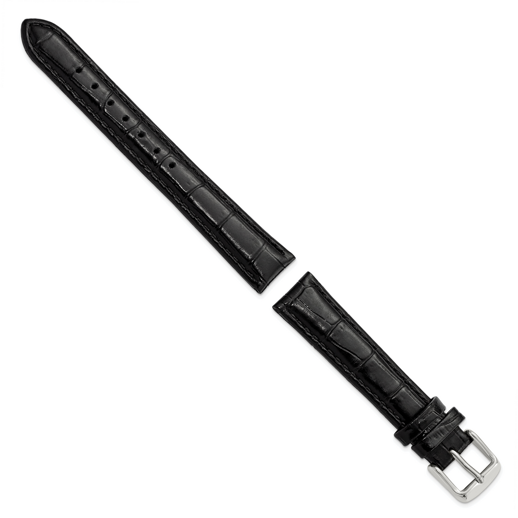 Black Crocodile-Grain Leather Watch Band with Silver-Tone Buckle 16mm