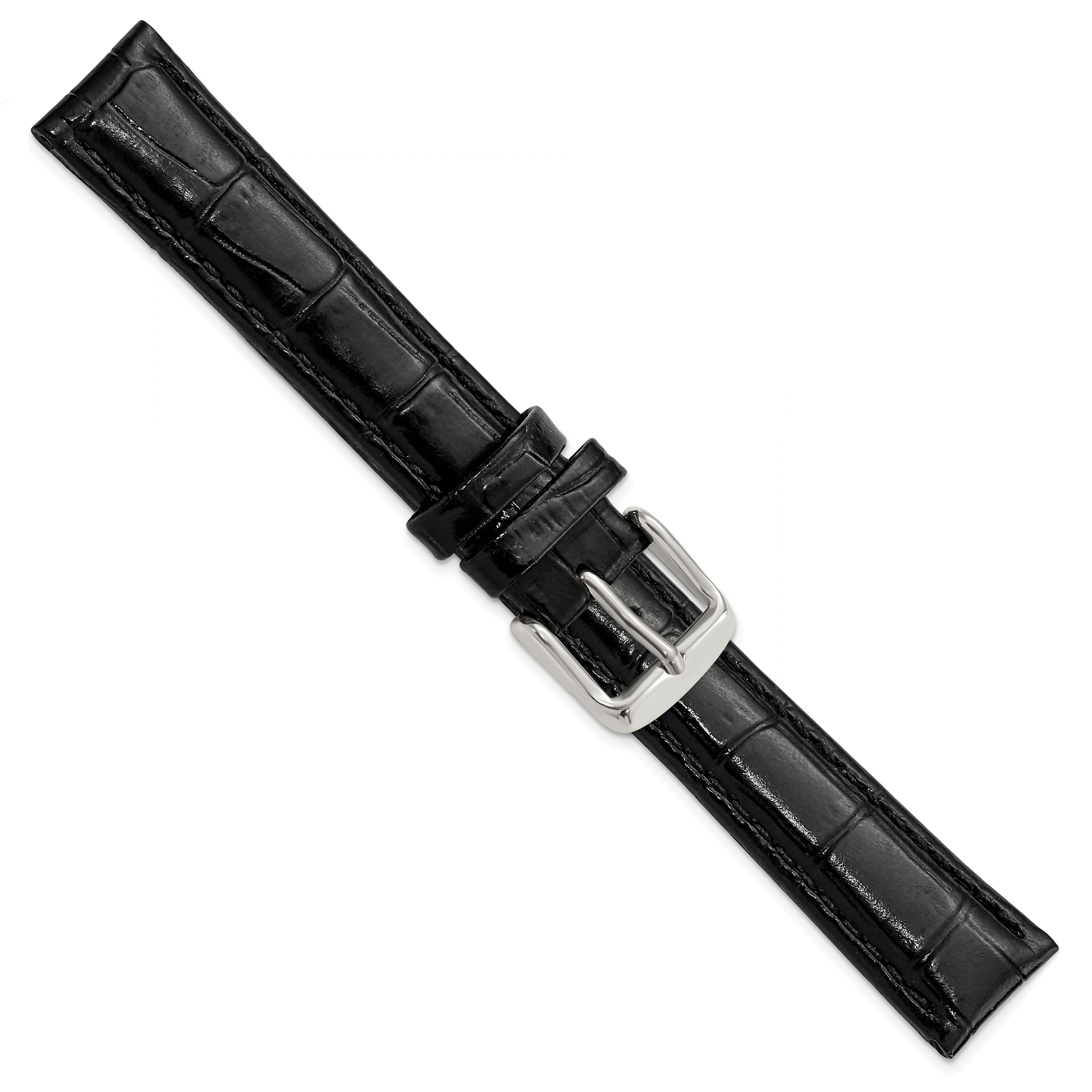 16mm Black Crocodile Grain Chronograph Leather with Silver-tone Buckle 7.5 inch Watch Band