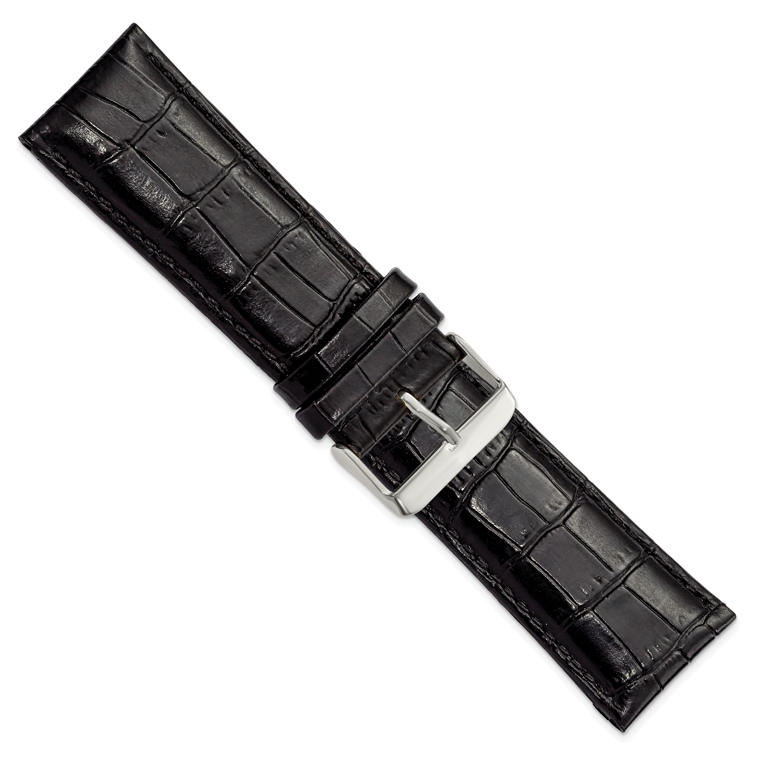 26mm Black Crocodile Grain Chronograph Leather with Silver-tone Buckle 7.5 inch Watch Band
