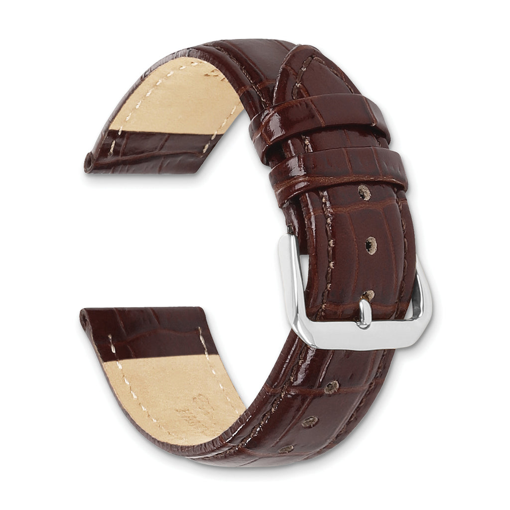 22mm Short Dark Brown Crocodile Grain Chronograph Leather with Silver-tone Buckle 6.75 inch Watch Band