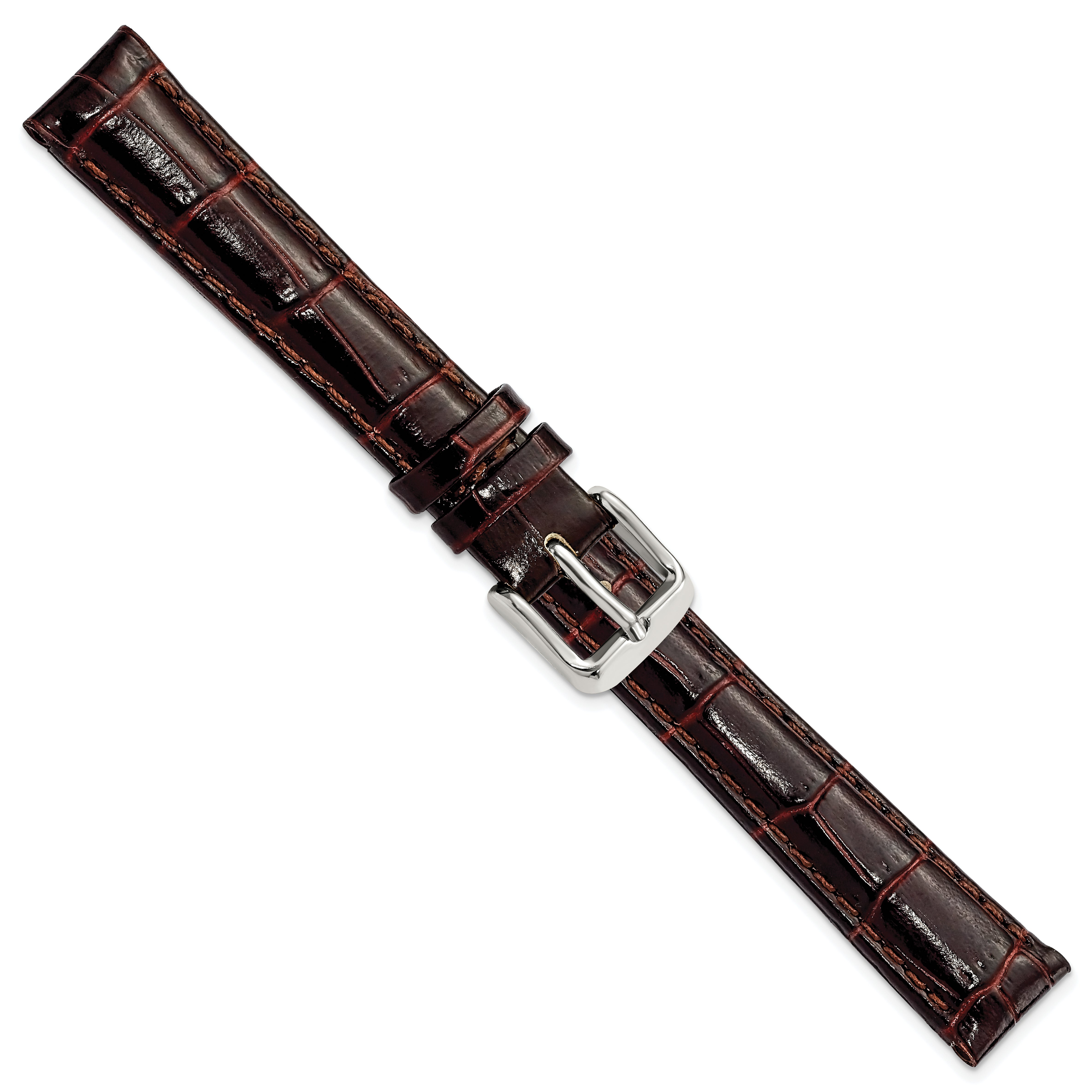 14mm Dark Brown Crocodile Grain Chronograph Leather with Silver-tone Buckle 6.75 inch Watch Band
