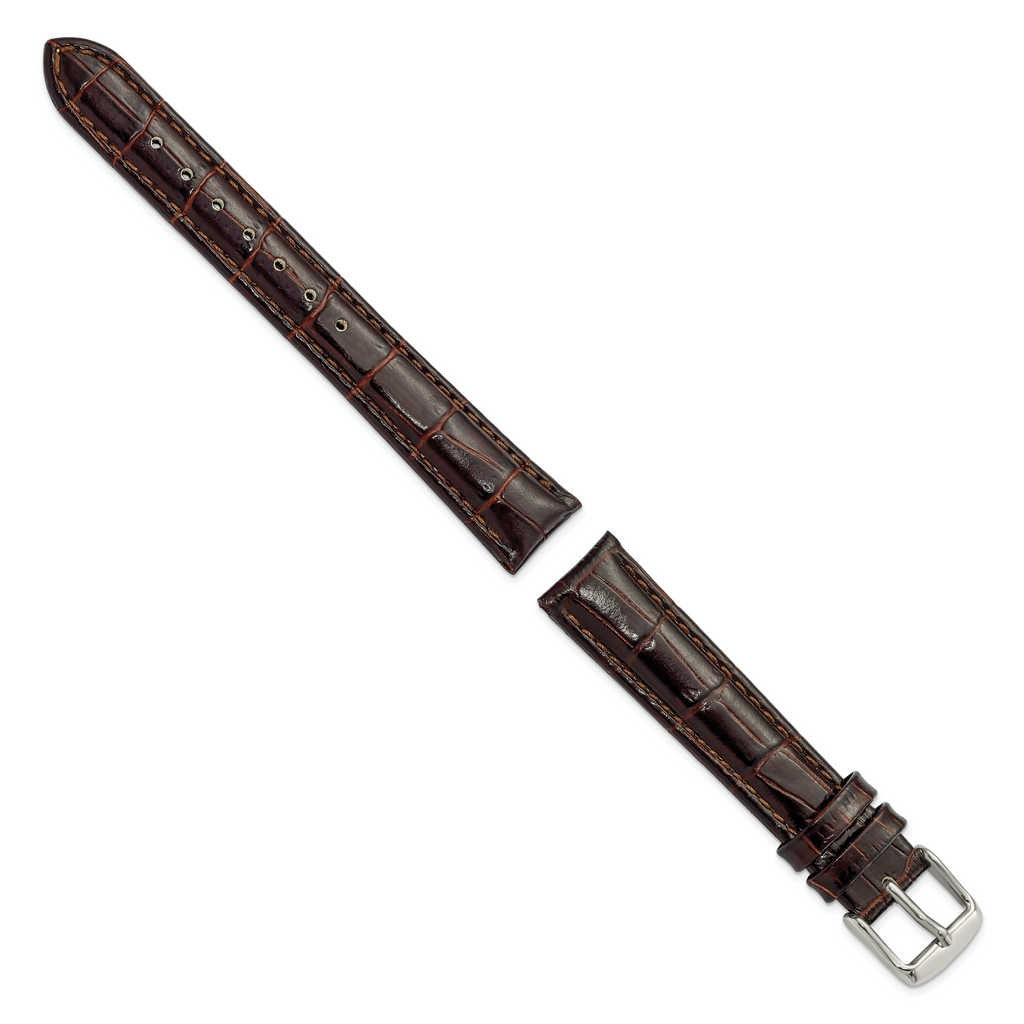 16mm Long Dark Brown Crocodile Grain Chronograph Leather with Silver-tone Buckle 8.5 inch Watch Band