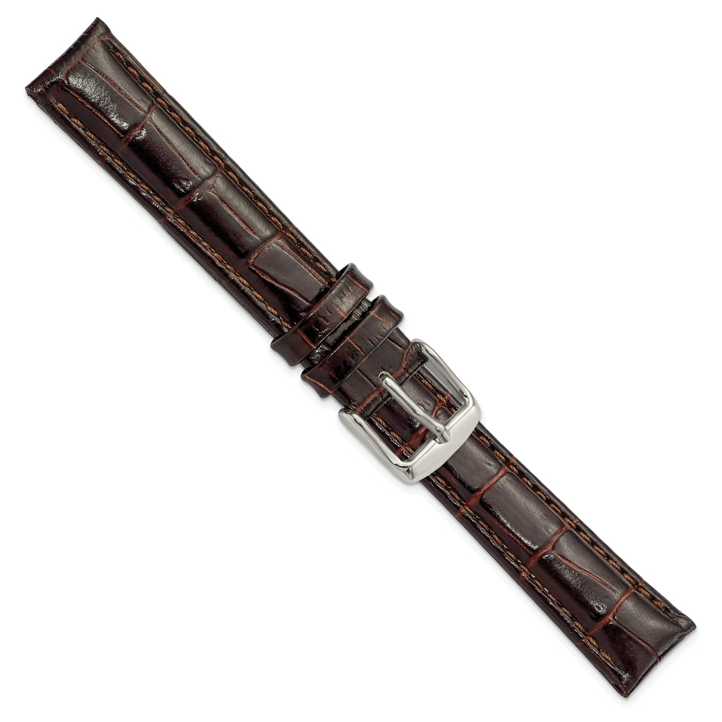 16mm Long Dark Brown Crocodile Grain Chronograph Leather with Silver-tone Buckle 8.5 inch Watch Band