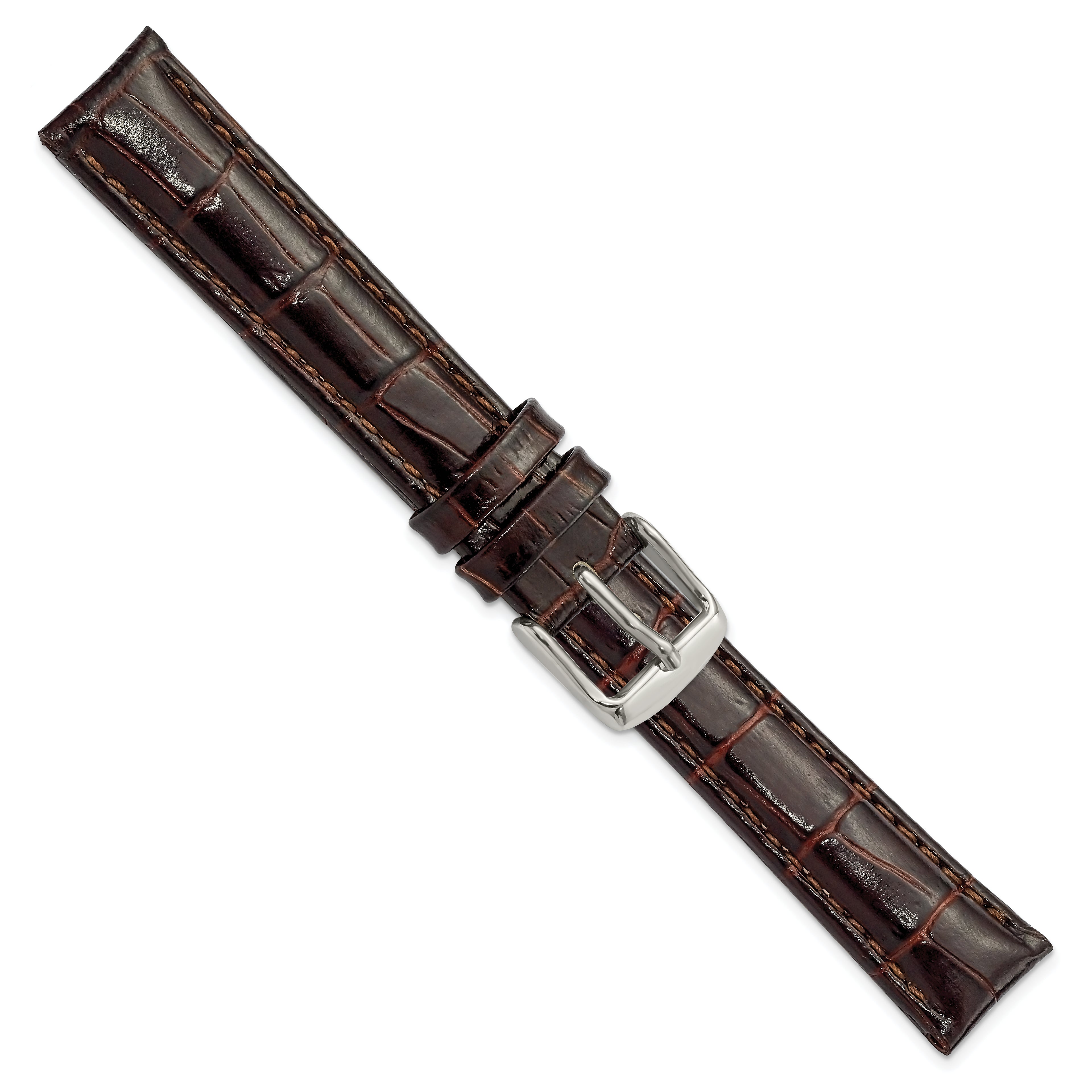 16mm Long Dark Brown Crocodile Grain Chronograph Leather with Silver-tone Buckle 8.5 inch Watch Band