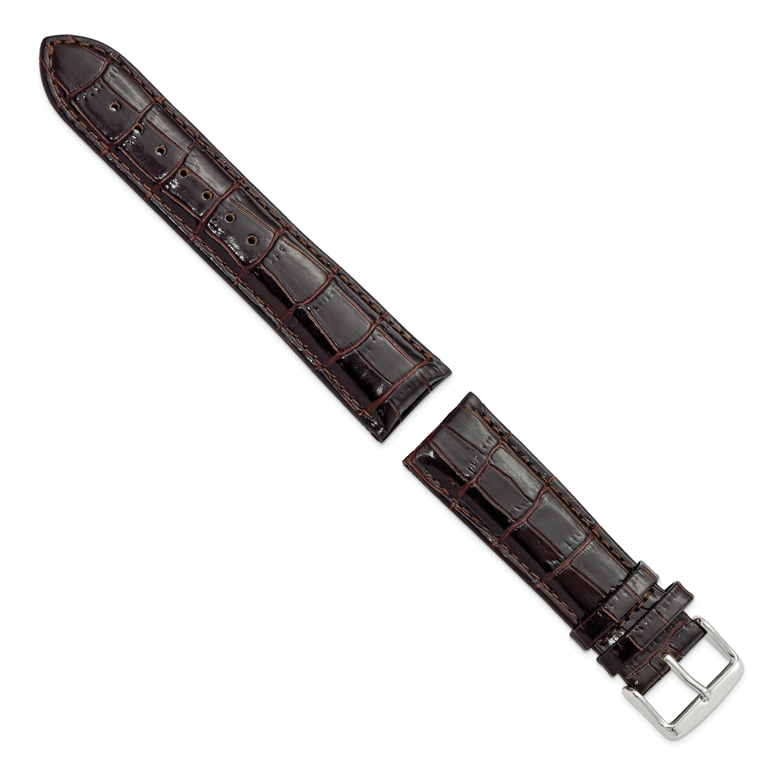22mm Short Dark Brown Crocodile Grain Chronograph Leather with Silver-tone Buckle 6.75 inch Watch Band