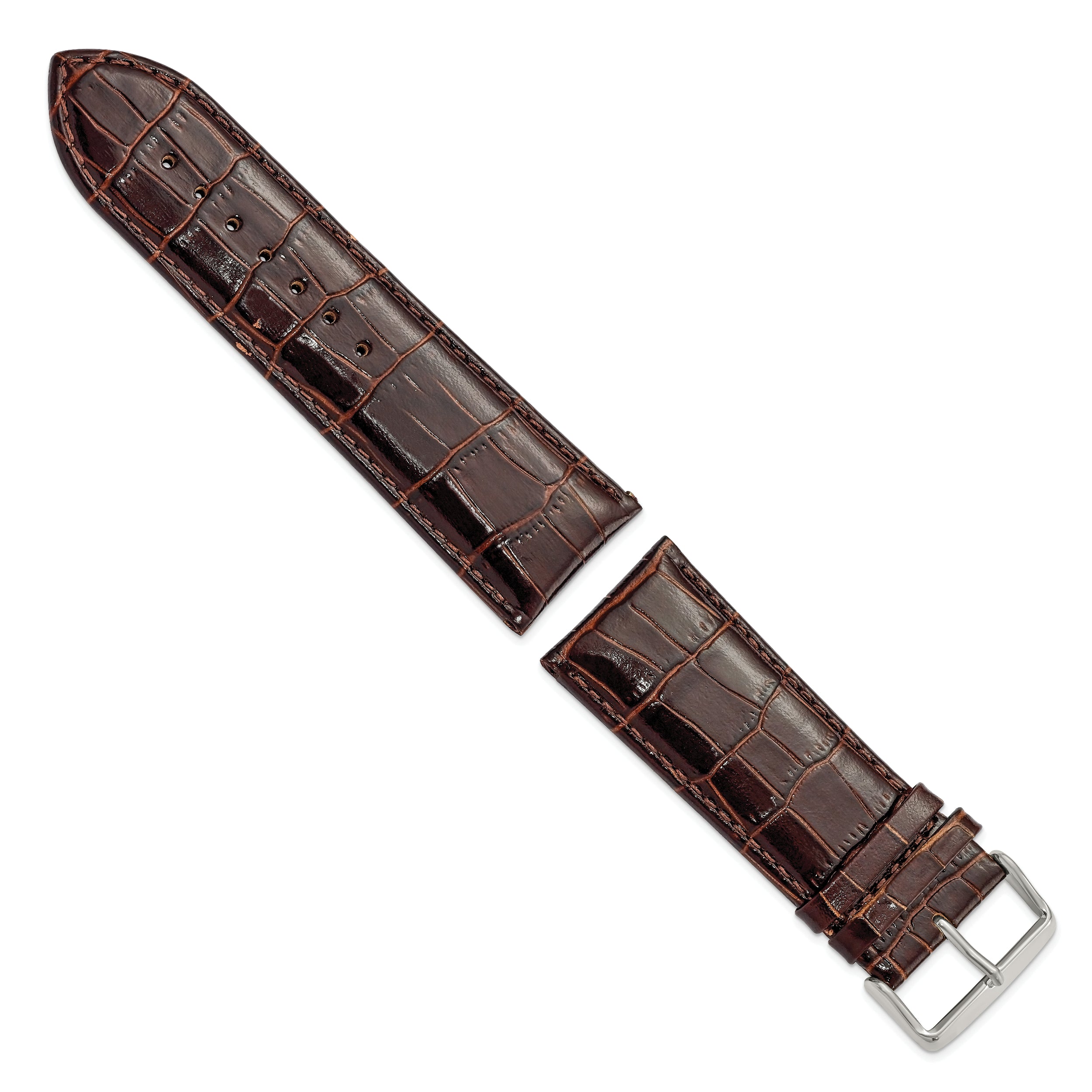 28mm Dark Brown Crocodile Grain Chronograph Leather with Silver-tone Buckle 7.5 inch Watch Band