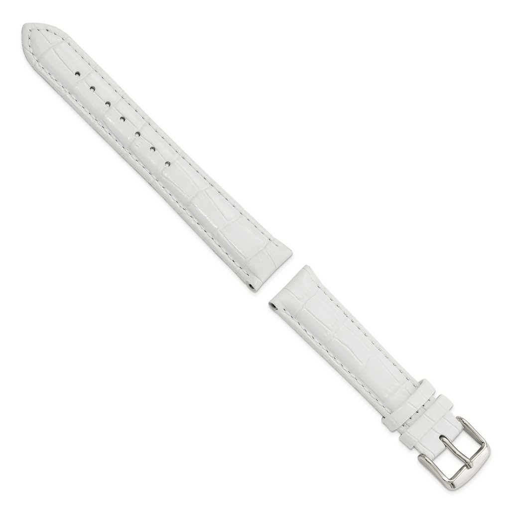 18mm Long White Crocodile Grain Chronograph Leather with Silver-tone Buckle 8.5 inch Watch Band
