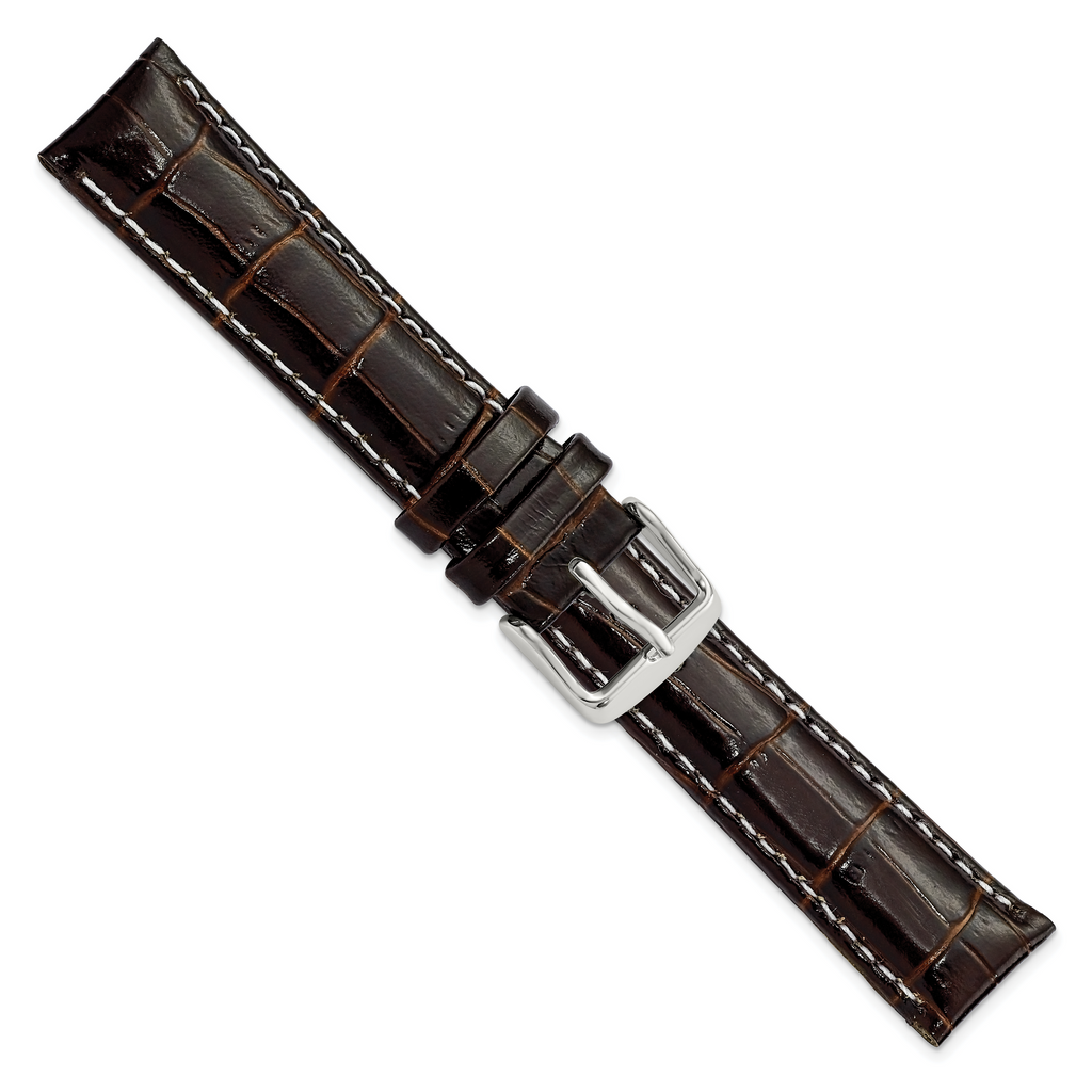 12mm Brown Crocodile Grain Chronograph Leather with White Stitching and Silver-tone Buckle 7.5 inch Watch Band