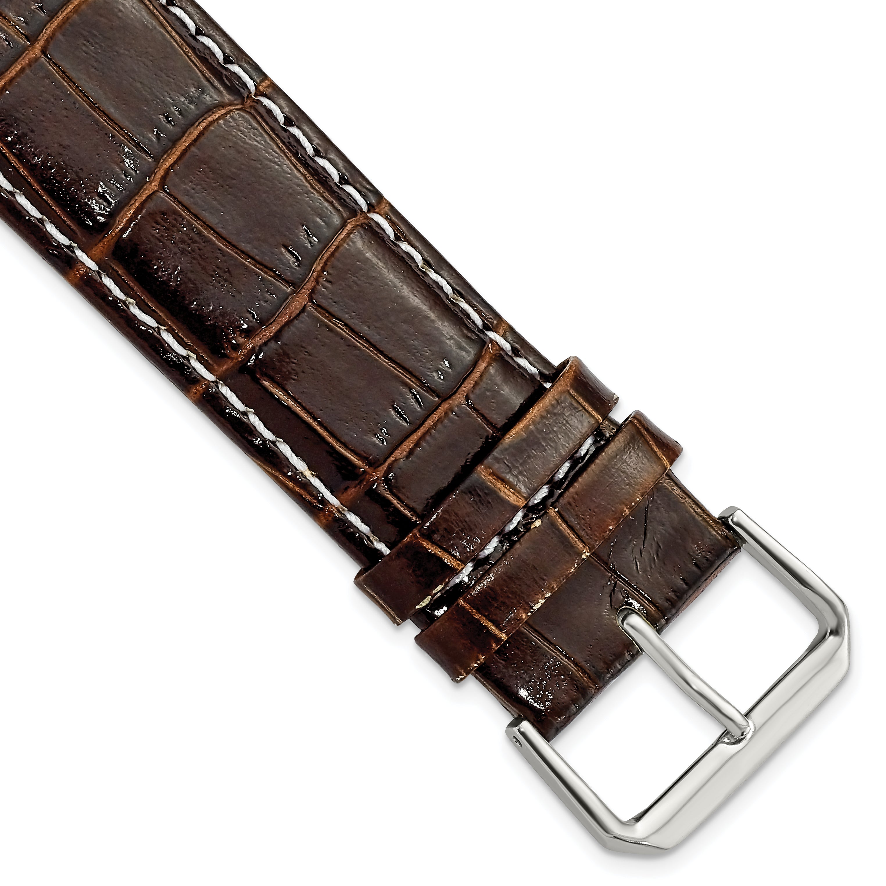 24mm Brown Crocodile Grain Chronograph Leather with White Stitching and Silver-tone Buckle 7.5 inch Watch Band