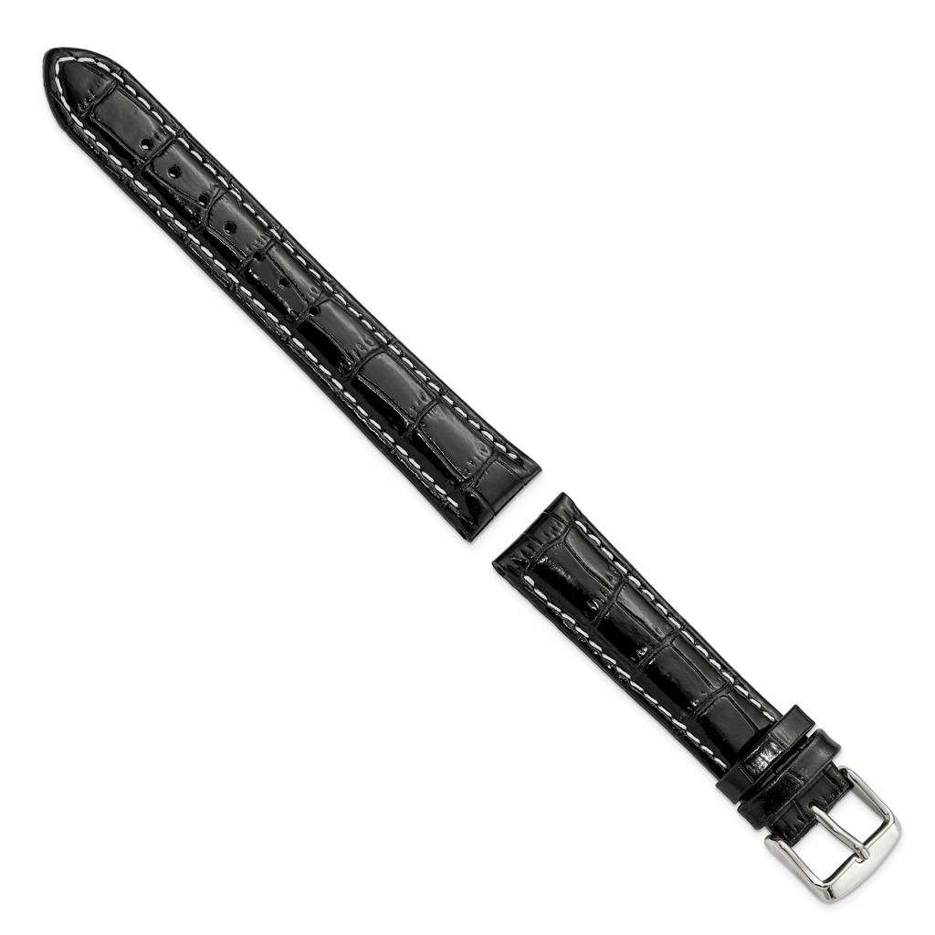 12mm Black Crocodile Grain Chronograph Leather with White Stitching and Silver-tone Buckle 7.5 inch Watch Band