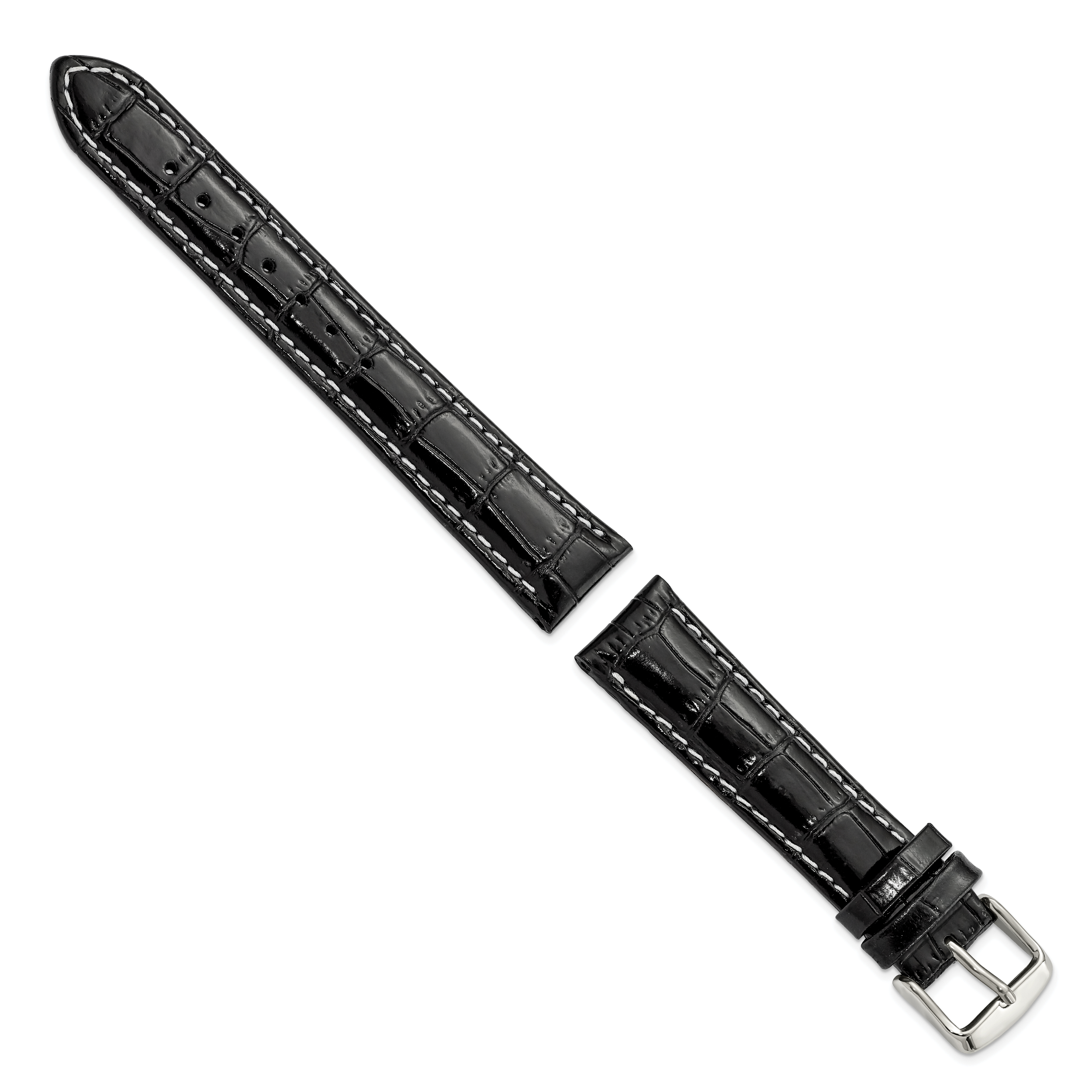12mm Black Crocodile Grain Chronograph Leather with White Stitching and Silver-tone Buckle 7.5 inch Watch Band