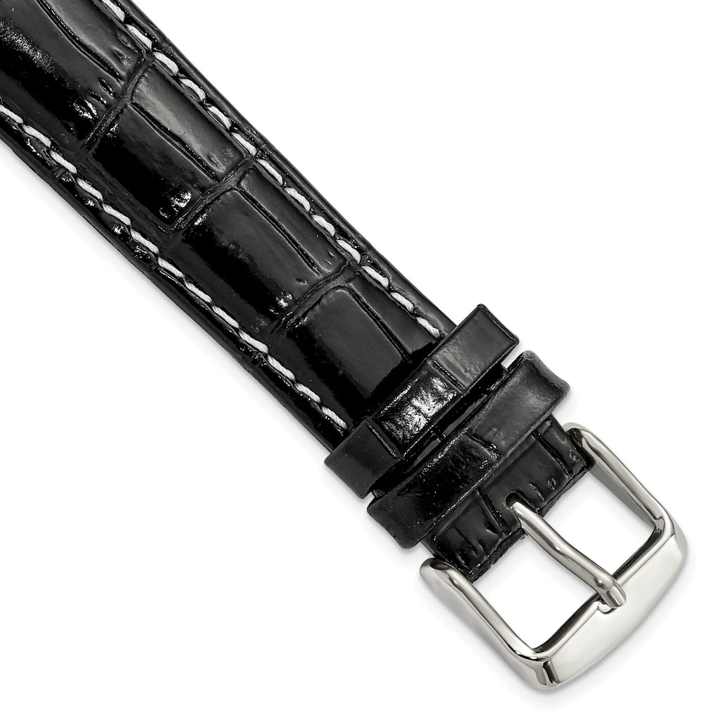 12mm Black Crocodile Grain Chronograph Leather with White Stitching and Silver-tone Buckle 7.5 inch Watch Band