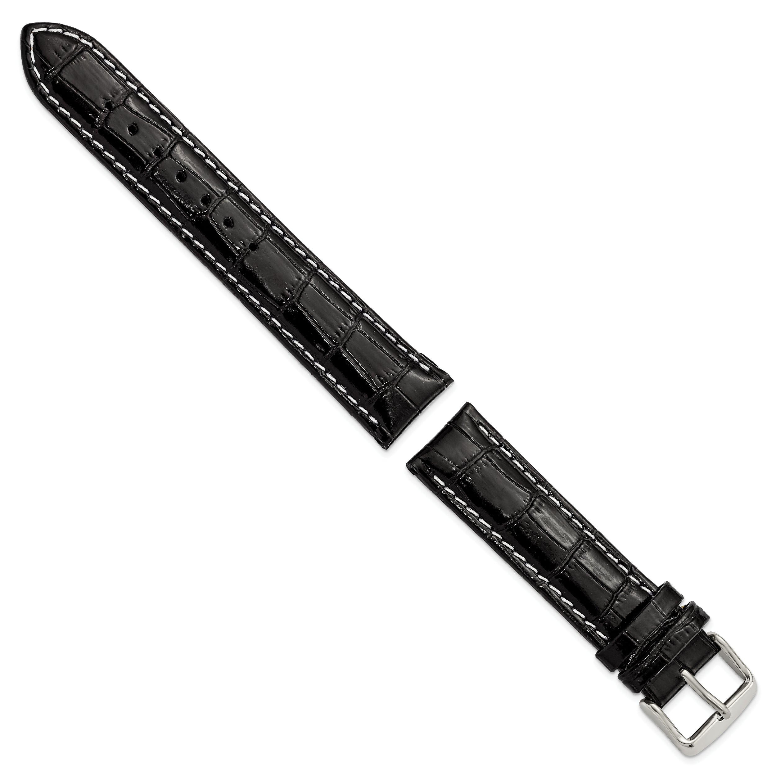 19mm Black Crocodile Grain Chronograph Leather with White Stitching and Sliver-tone Buckle 7.5 inch Watch Band
