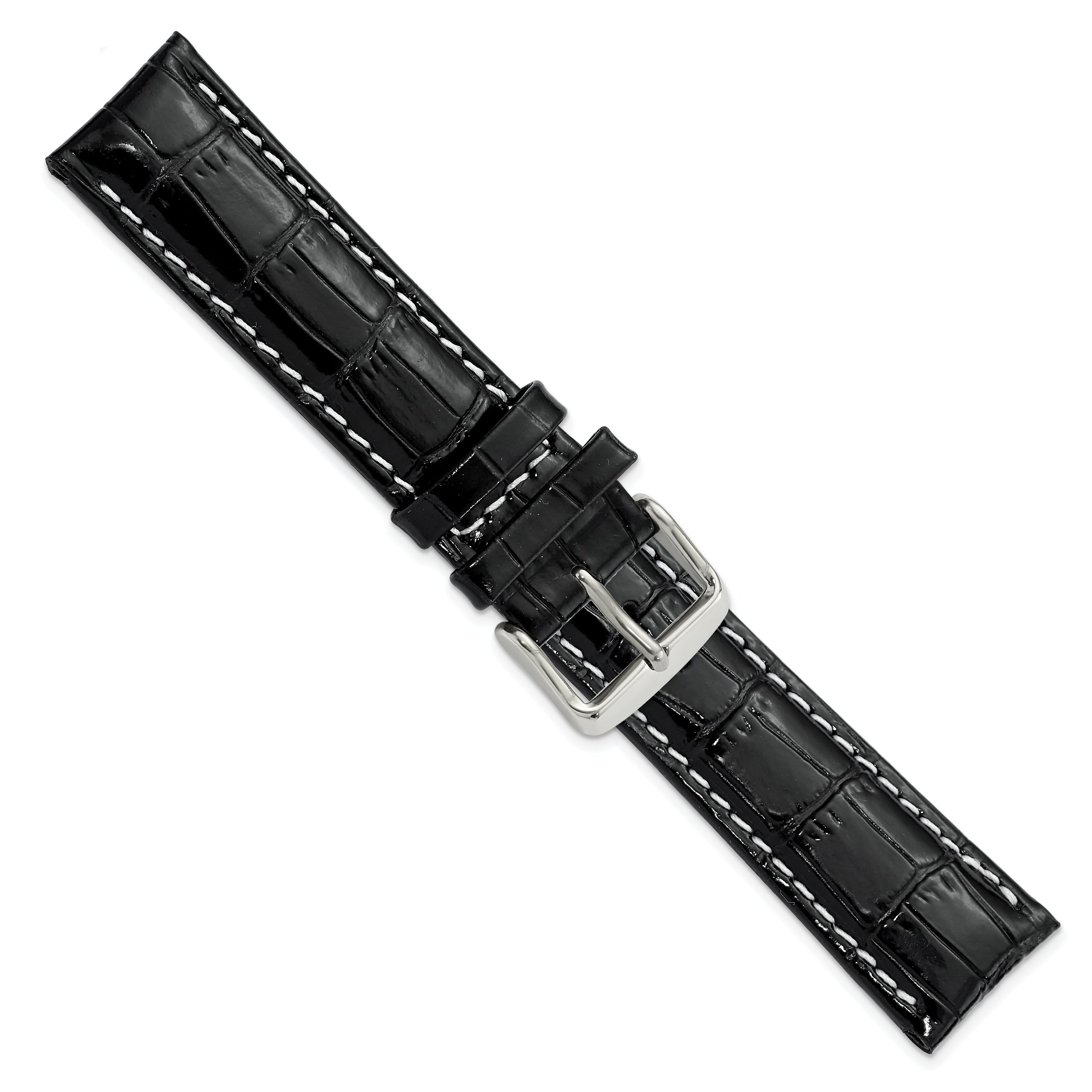 20mm Black Crocodile Grain Chronograph Leather with White Stitching and Sliver-tone Buckle 7.5 inch Watch Band