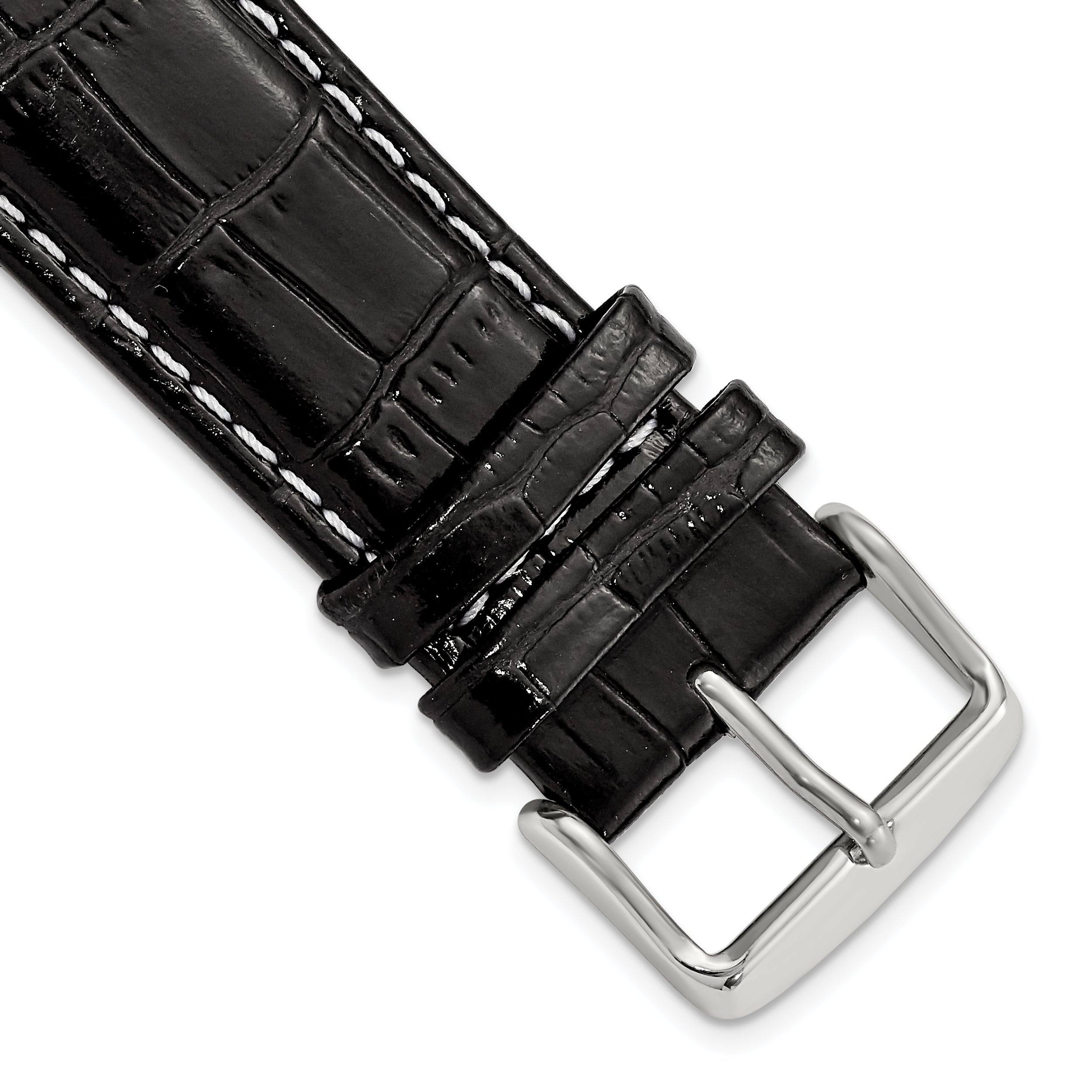 22mm Black Crocodile Grain Chronograph Leather with White Stitching and Sliver-tone Buckle 7.5 inch Watch Band