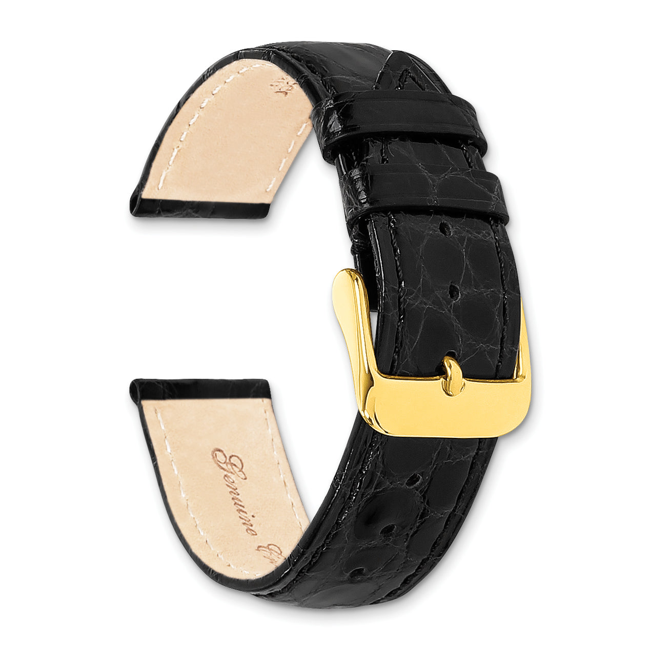 10mm Long Black Genuine Caiman Leather with Gold-tone Buckle 7.75 inch Watch Band