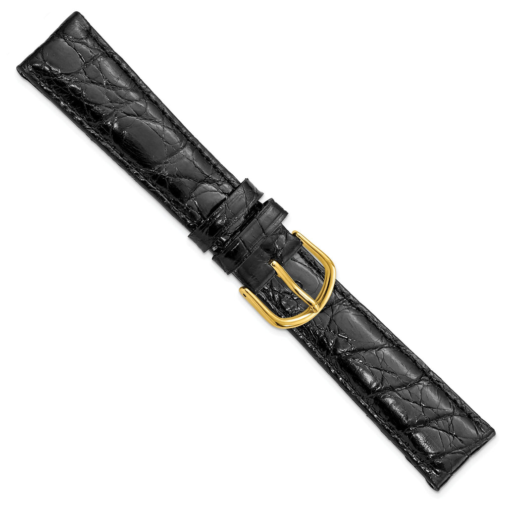 DeBeer 19mm Long Black Genuine Caiman Leather with Gold-tone Buckle 8.5 inch Watch Band