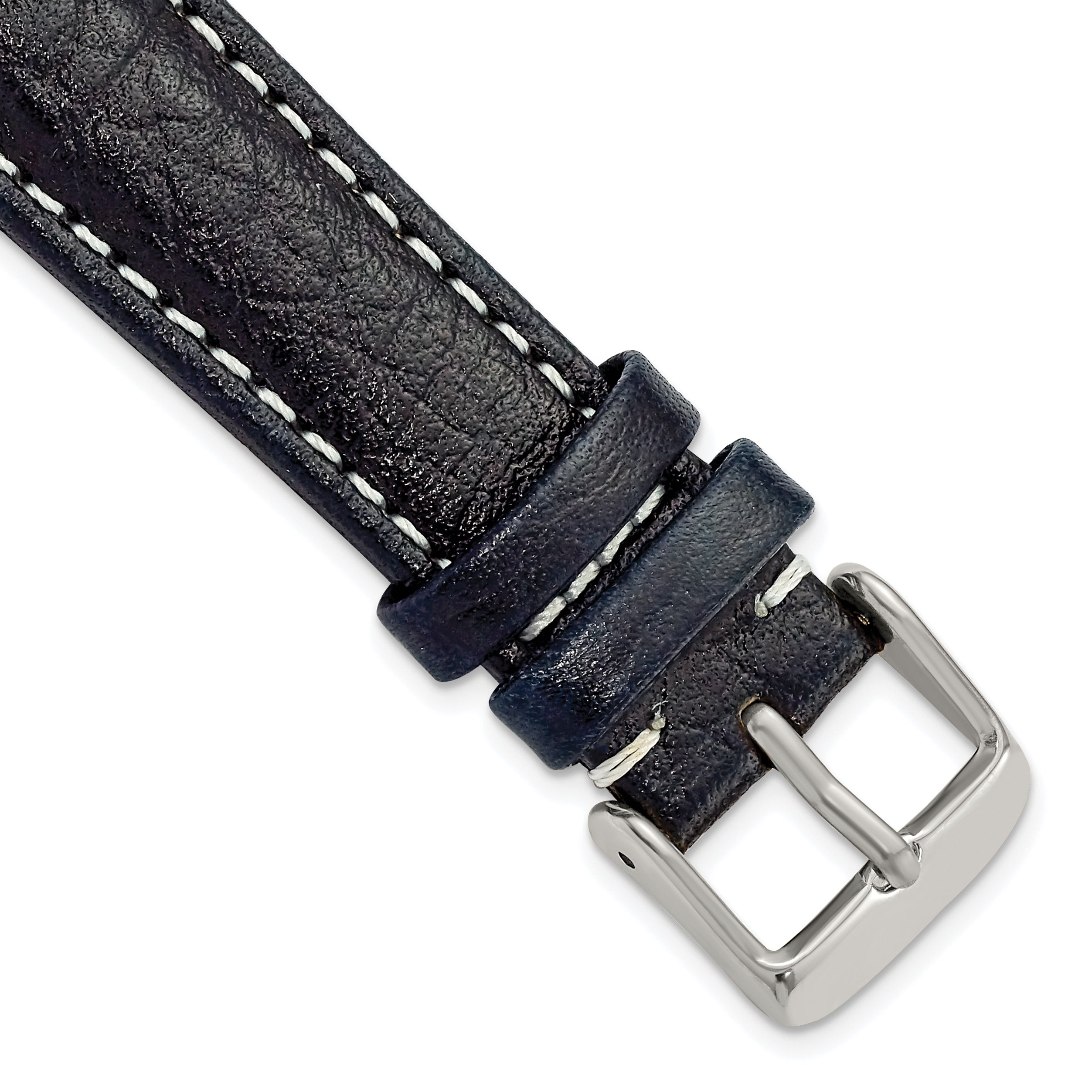 Navy Leather Sport Watch Band with White Stitching, 20mm