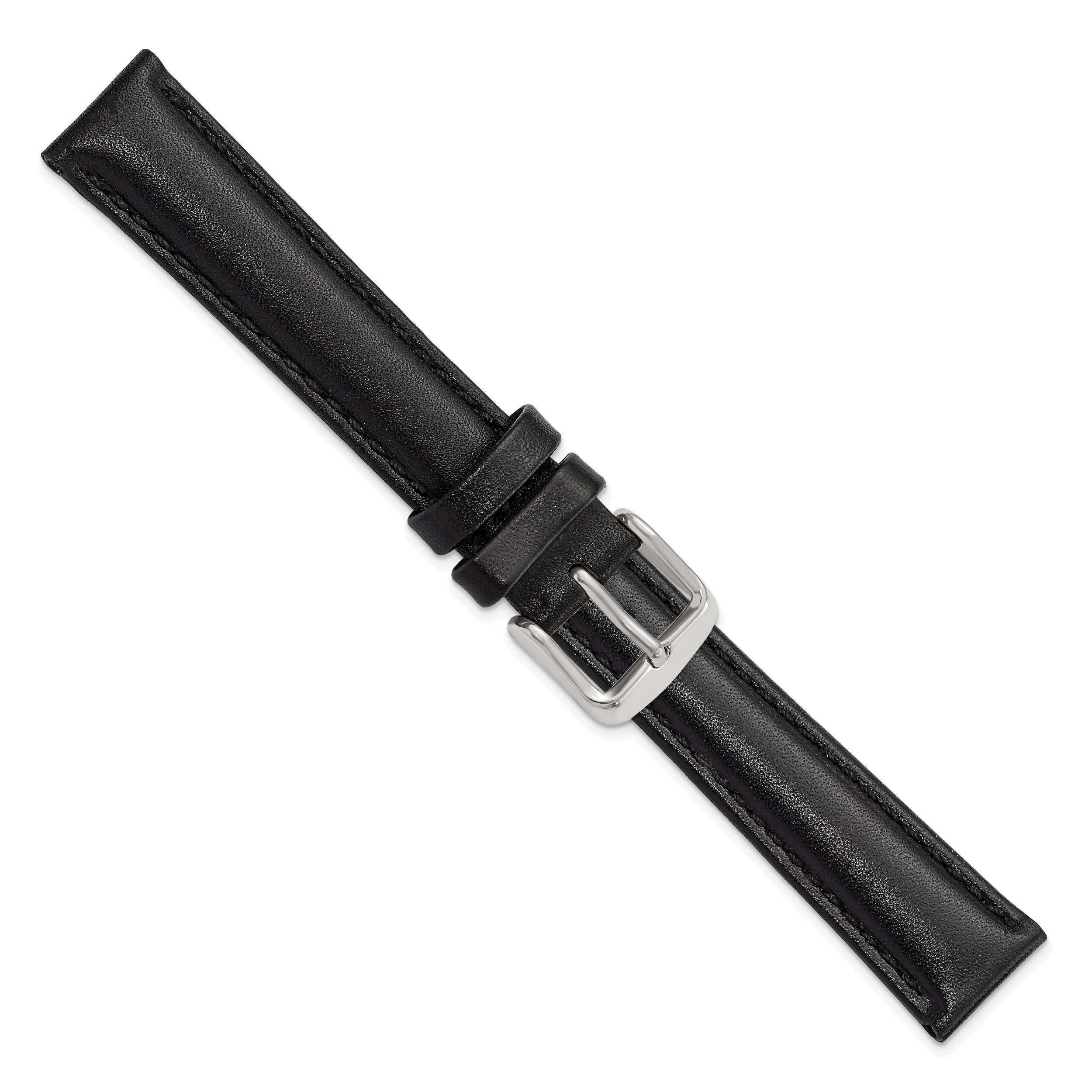 16mm Black Smooth Leather Chronograph with Silver-tone Buckle 7.5 inch Watch Band