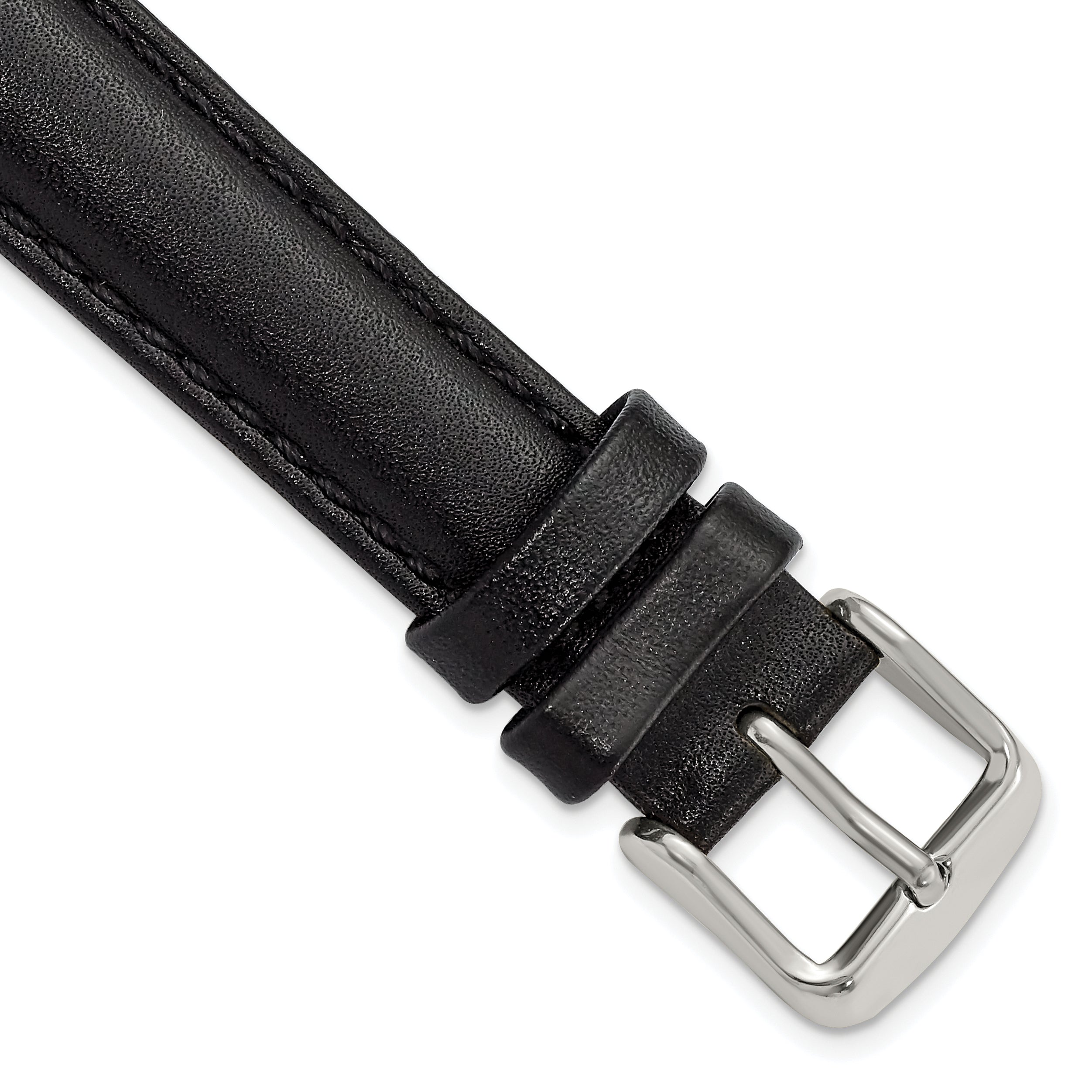 16mm Black Smooth Leather Chronograph with Silver-tone Buckle 7.5 inch Watch Band