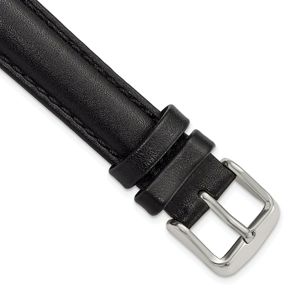 16mm Black Smooth Leather Chronograph with Silver-tone Buckle 7.5 inch Watch Band