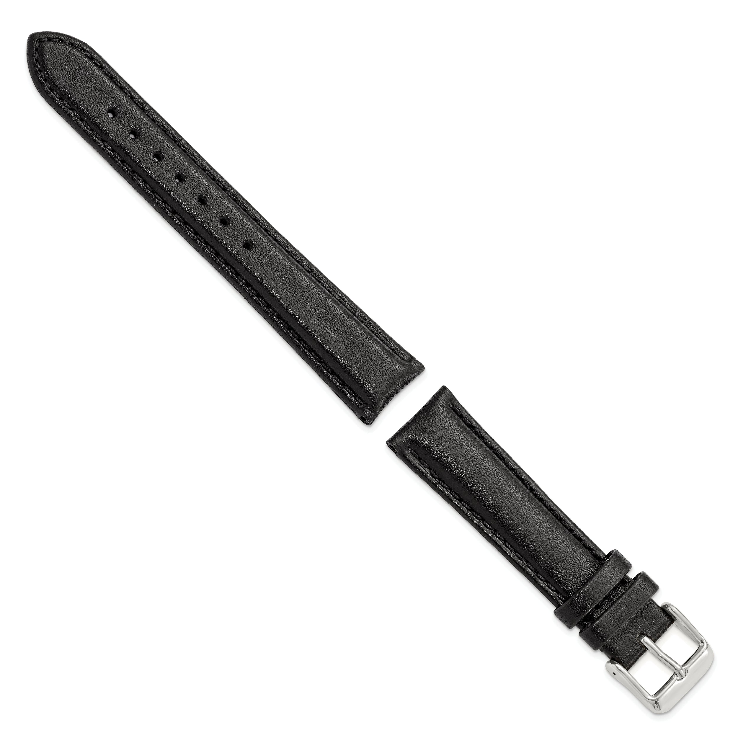 18mm Black Smooth Leather Chronograph with Silver-tone Buckle 7.5 inch Watch Band