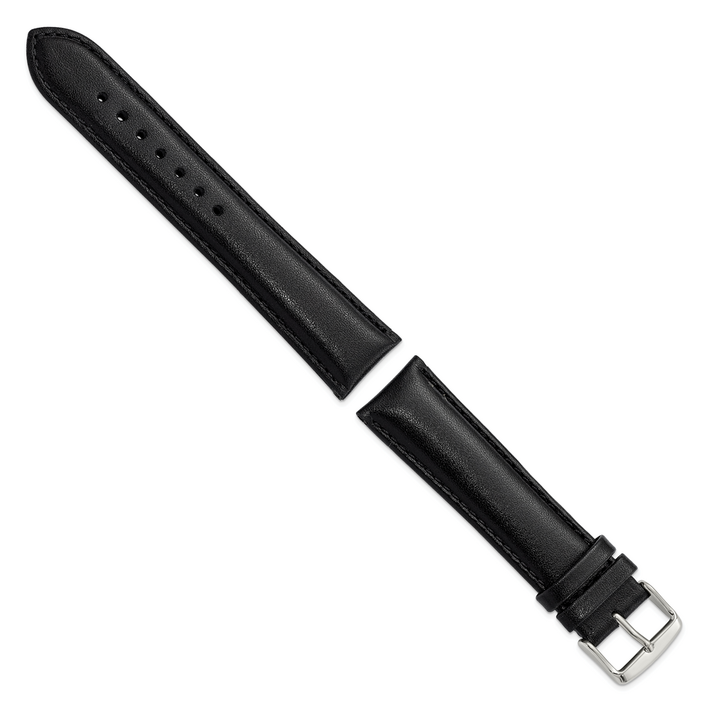 20mm Long Black Leather Chronograph with Silver-tone Buckle 8.5 inch Watch Band