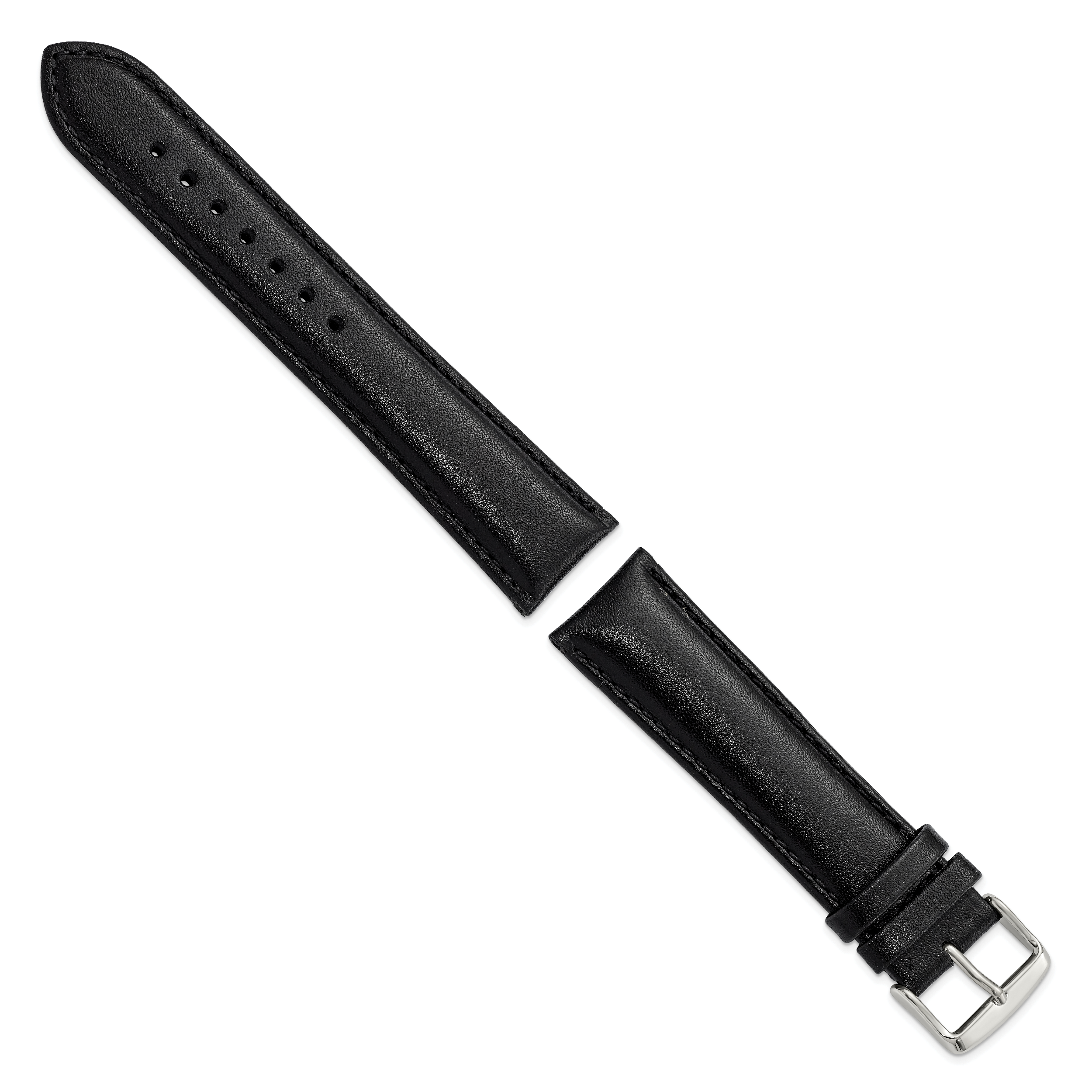 20mm Long Black Leather Chronograph with Silver-tone Buckle 8.5 inch Watch Band